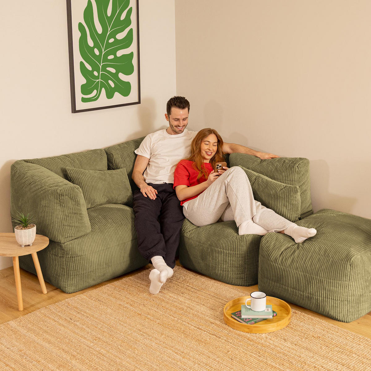 SITZSACK-SOFA 4-tlg. modular cord Noa - Salbeigrün, Textil (306/70/78cm) - icon