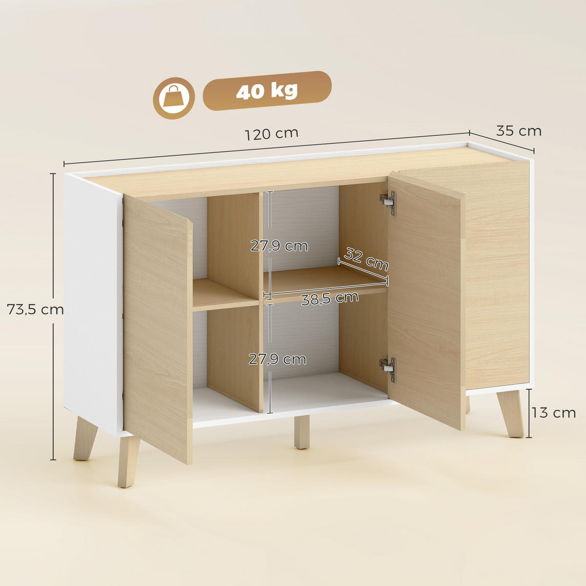 SIDEBOARD Holzfarben und Weiß, 3 Türen, 120/35/73,5 cm - Weiß, Holz (120/73.5/35cm) - PANGIVO