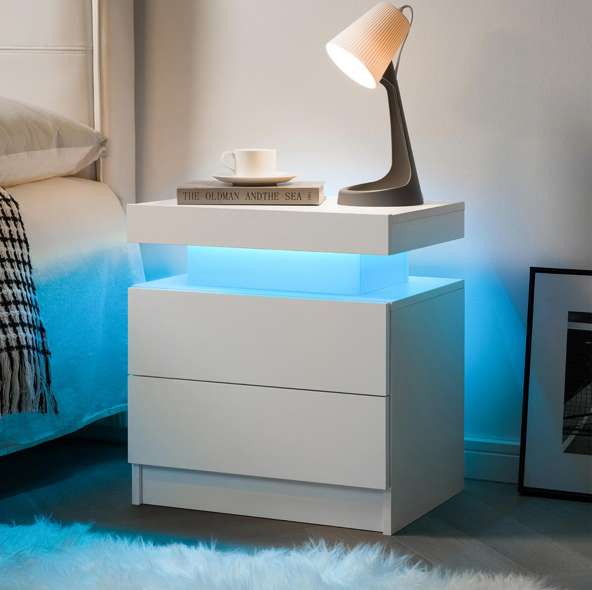NACHTTISCH 50/53/36 cm mit LED-Beleuchtung in Weiß – mit 2 Schubladen & offenem Fach - Weiß, Holzwerkstoff (53/36/50cm) - BEAOK