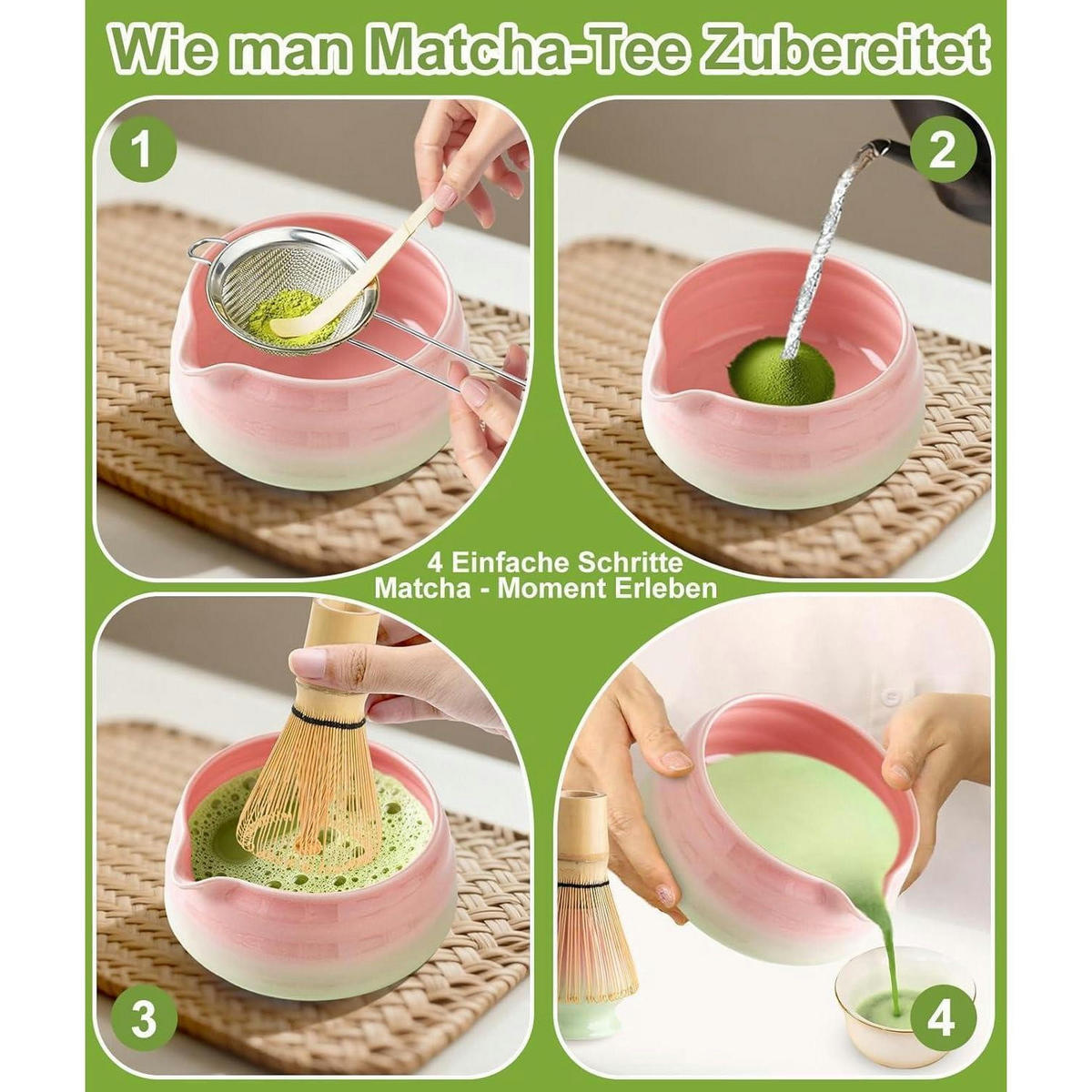 MATCHA Set 7-teilig Keramik Bambus Pink Grün - Multicolor, Keramik (15/10/15cm)