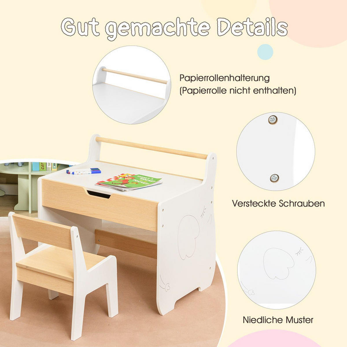 KINDERTISCH mit Stuhl weiß(2-tlg) - Weiß, Holzwerkstoff (61.5/59/47cm) - COSTWAY