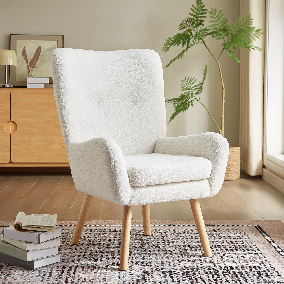 SESSEL Gaïa Moderner skandinavischer aus weißem Frotteestoff - Weiß/Akaziefarben, Holz/Textil (66.5/98/80.5cm) - Sicaan