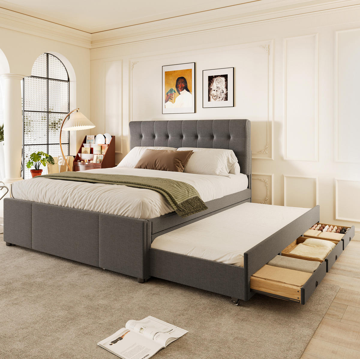 POLSTERBETT mit Ausziehbett und 3 Schubladen 140x200 cm Leinen Grau - Grau, Holzwerkstoff (140/200cm) - Beauniv