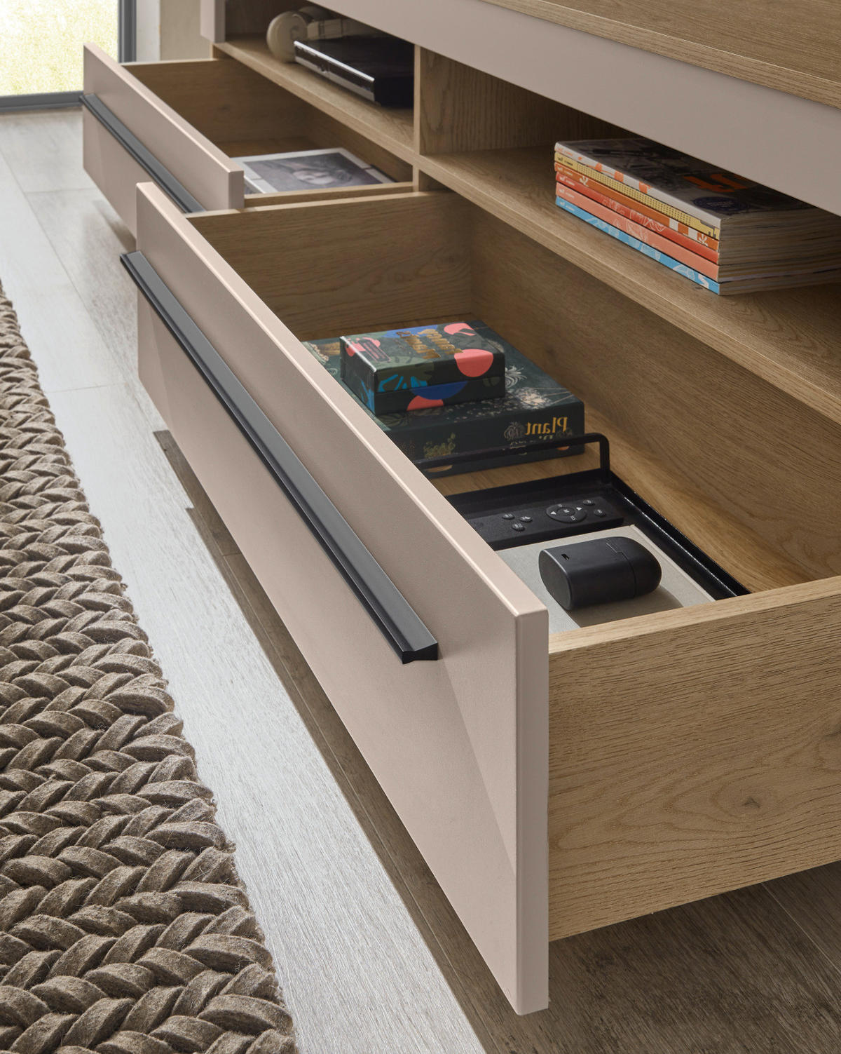 WOHNWAND Kaschmir, Eiche 4-teilig 310 cm, Wohnzimmerschränke mit Soft-Close - Kaschmir/Eichefarben, Glas/Holzwerkstoff (310/200/42cm) - Furn.Design