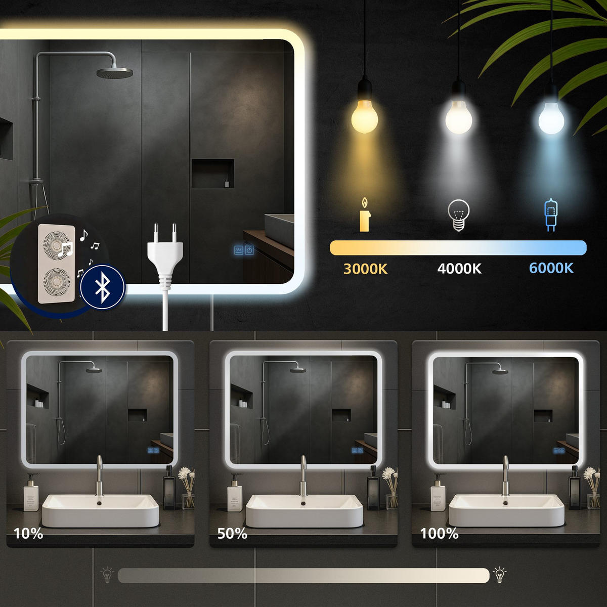 BADSPIEGEL Wien 60x80 Bluetooth 80x3,5x60cm Glas Klarglas Badezimmerspiegel - Klar, Glas (80/60/3.5cm) - DELUKE