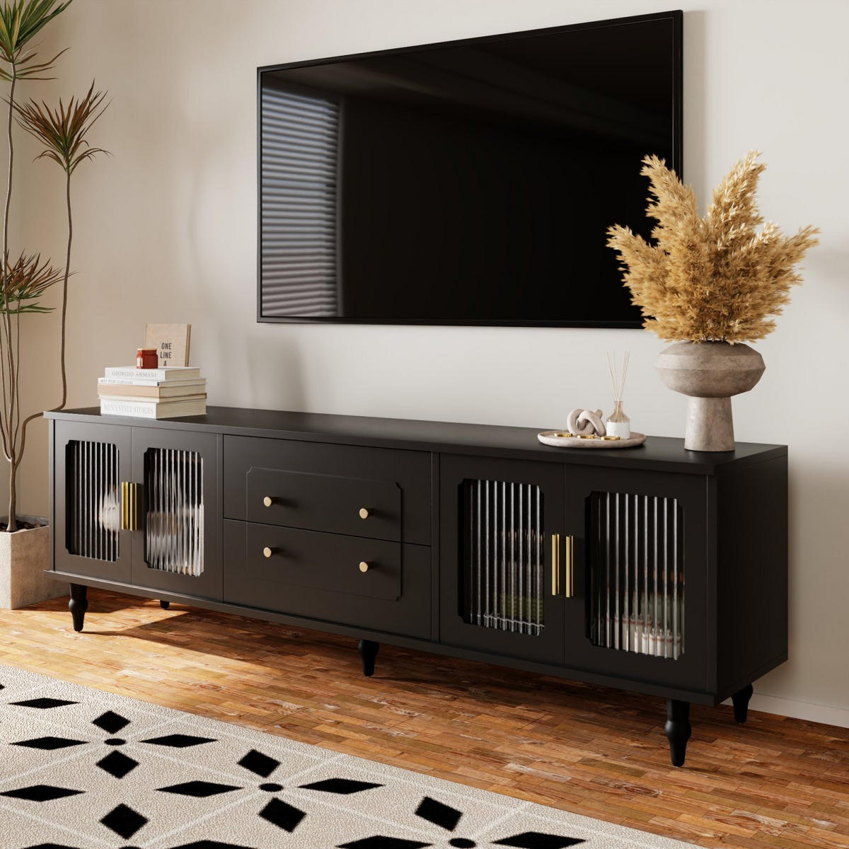 TV Lowboard Glastüren, 2 Schubladen, Schwarz - Schwarz, Holz (175/55/38cm)