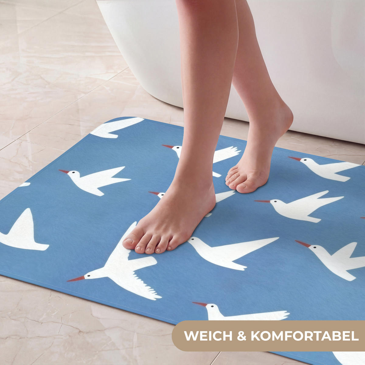 BADEMATTE Vögel - Weiß - Muster 80x50 cm - Blau, Kunststoff/Textil (80/50cm)