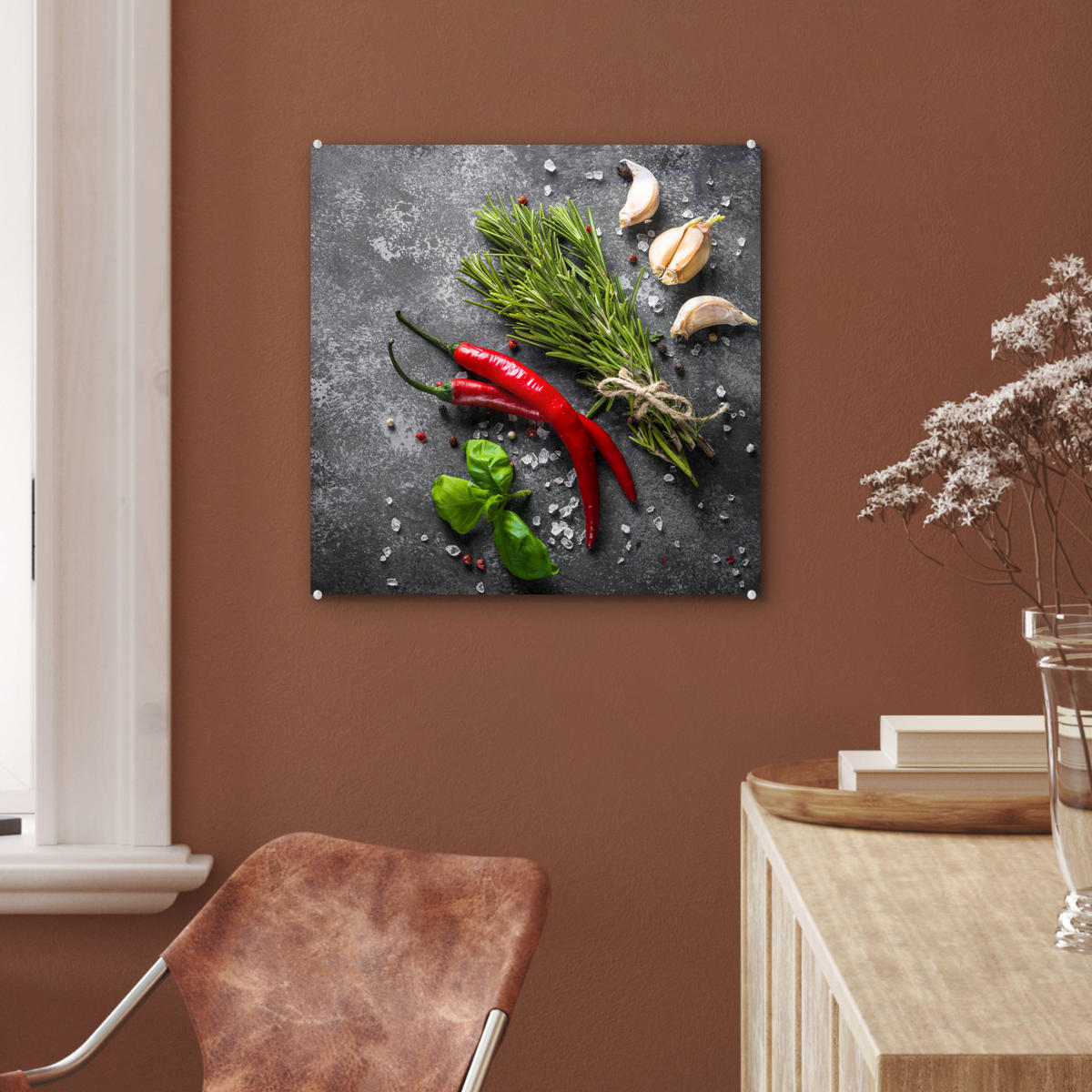 OBRAZ NA AKRYLOVOM SKLE Korenie - bylinky - korenie - betón 50x50 cm - tmavosivá, sklo (50/50cm) - MuchoWow