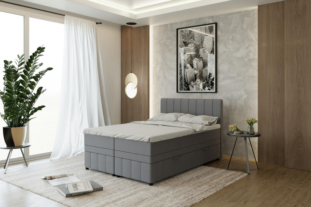 BOXBETT AVALON 140 x 200 cm mit Bettkasten und Topper - Dunkelgrau - Dunkelgrau, Holz - Panda Möbel