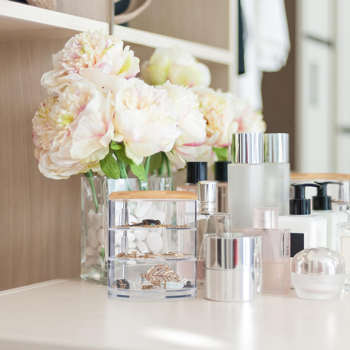 MAKEUP Organizer - Transparent, Holz/Kunststoff (11.5/13.5/11.5cm) - Relaxdays