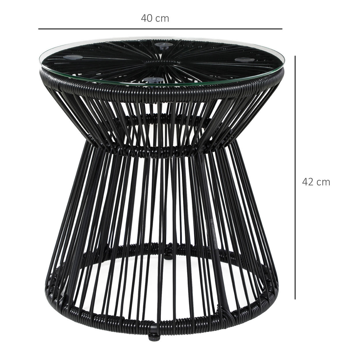 GARTENTISCH aus Rattan 40x40x42 cm Schwarz mit Glasplatte - Schwarz, Metall (40/40/42cm) - Modfu