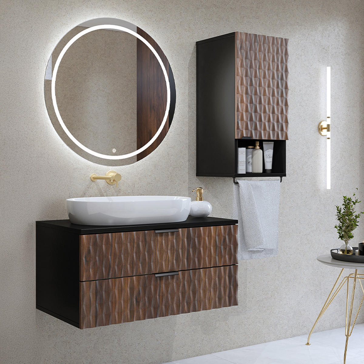 BADMÖBEL 81cm Nevia 2er-Set Holz und Schwarz - Schwarz, Holzwerkstoff (81/40/48cm) - Petits-meubles