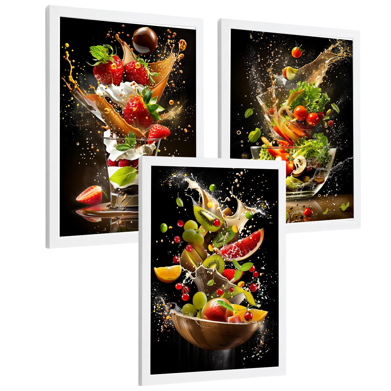 POSTER 3er Set Küchen-Wandbilder Dessert Salat und Obst Splash Fotografie Schwarzer Hintergrund Esszimmer Weißer Rahmen A4 - Weiß, Papier (29.7/1/21cm) - Nacnic