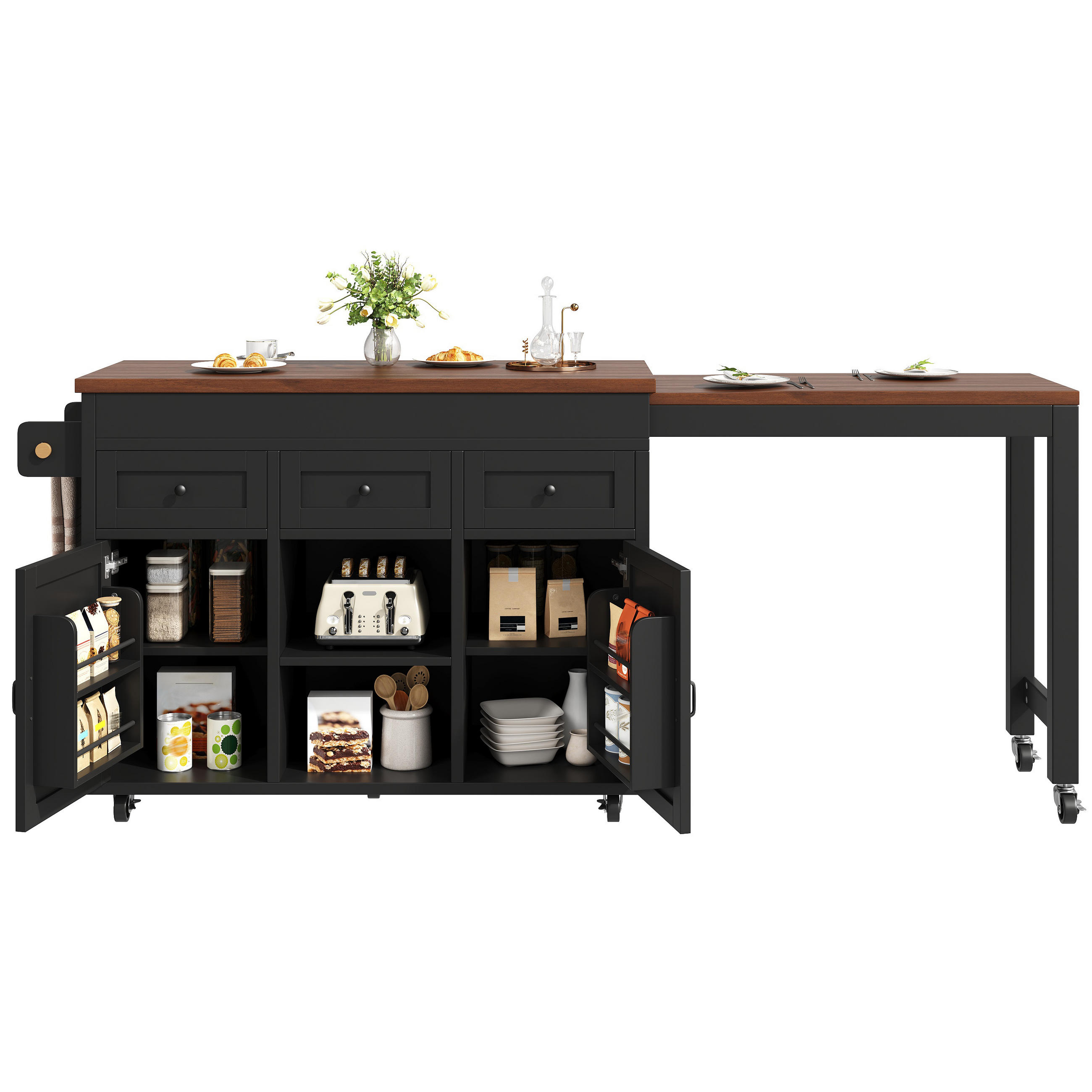 KÜCHENINSEL 120/40/92 cm Schwarz mit 3 Schubladen, Stauraum und Schränken - Schwarz, Holz/Holzwerkstoff (112.5/92/45cm) - Oxeza