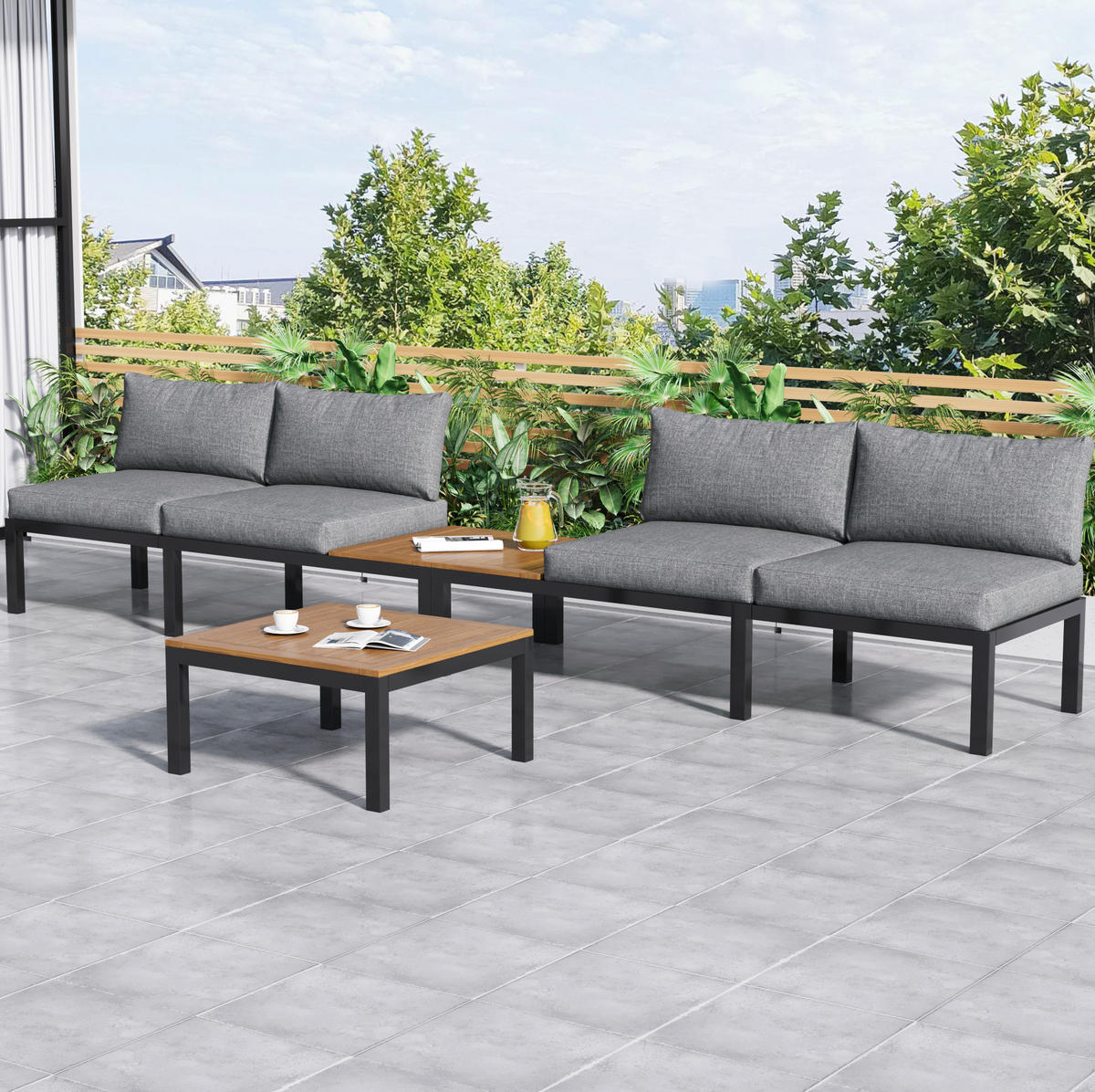 GARTENMÖBEL 120x60x66cm grau aus Stahl und Akazie, mit Kissen - Grau, Metall - Modfu