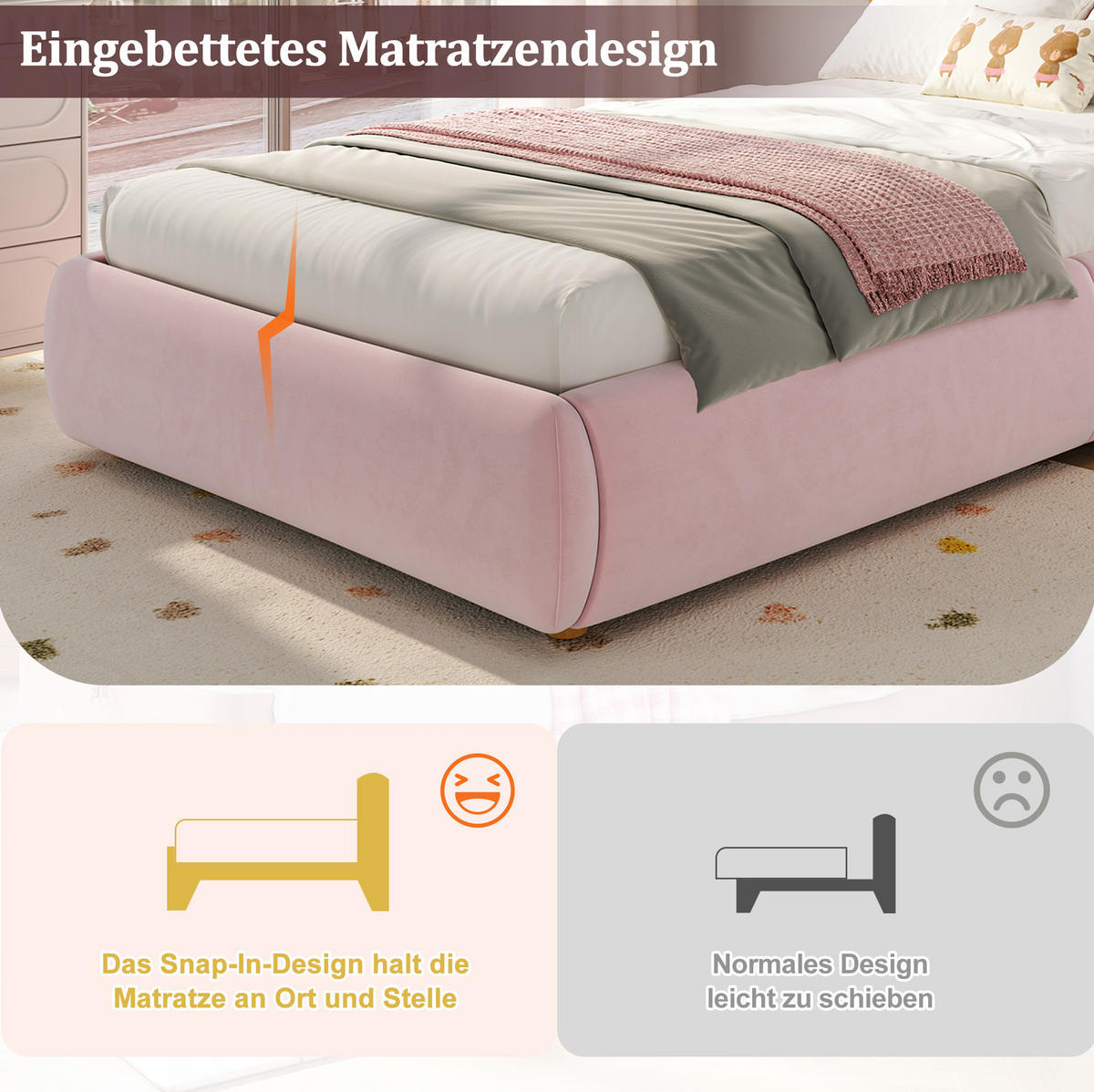 POLSTERBETT 90/200 cm Rosa aus Samt mit Stauraum - Rosa, Textil (90/200cm) - OKMYHOME