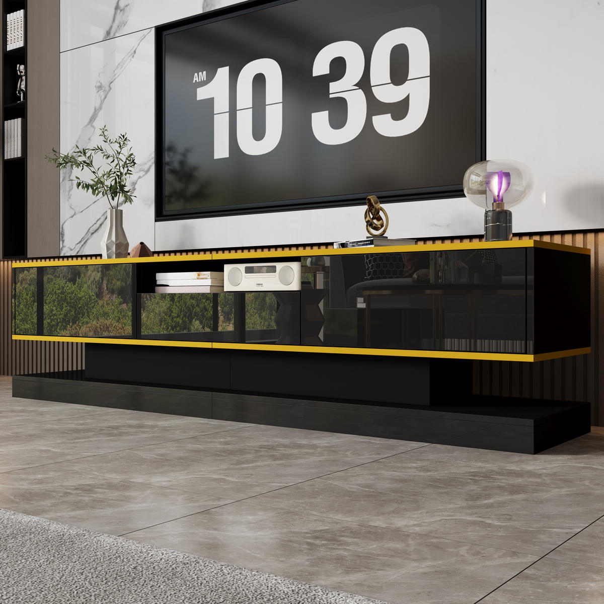 TV-SCHRANK 180x38cm Modern Hochglanz 3 Schubladen 1 Fach LED Farbwechsel - Schwarz, Holz (47.63/15.24/106.68cm) - FLIEKS