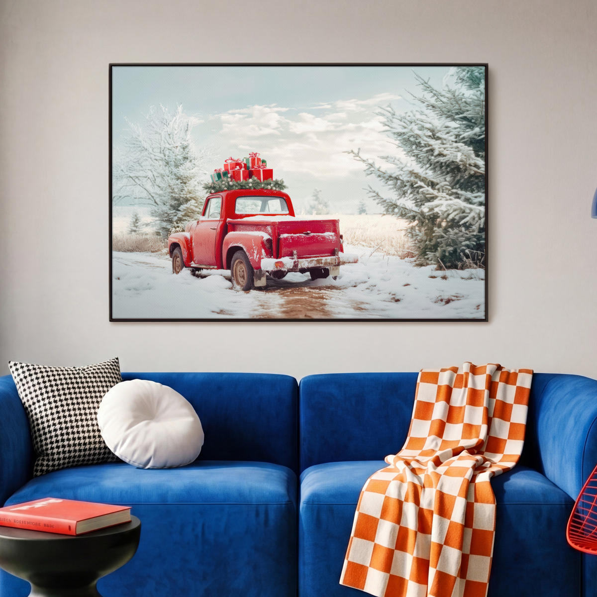 LEINWAND Bilder mit Rahmen - Auto - Rot - Geschenke - Winter - Schnee - Weihnachten - 90x60 - Rot, Textil (90/60cm) - MuchoWow