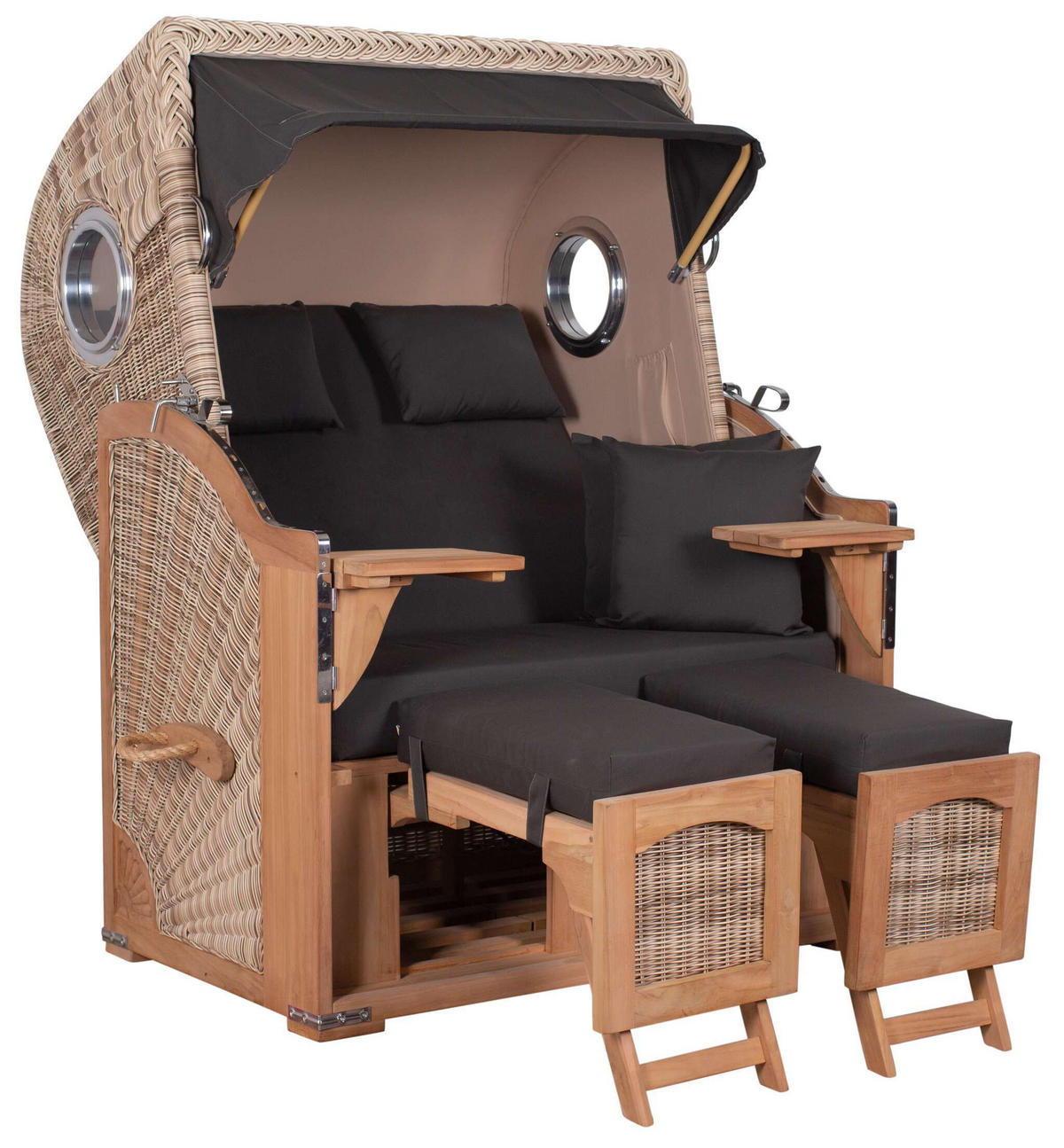 STRANDKORB Düne 2-Sitzer Teak Shell - Schwarz/Braun, Holz/Metall (125/170/80cm) - Mr. Deko