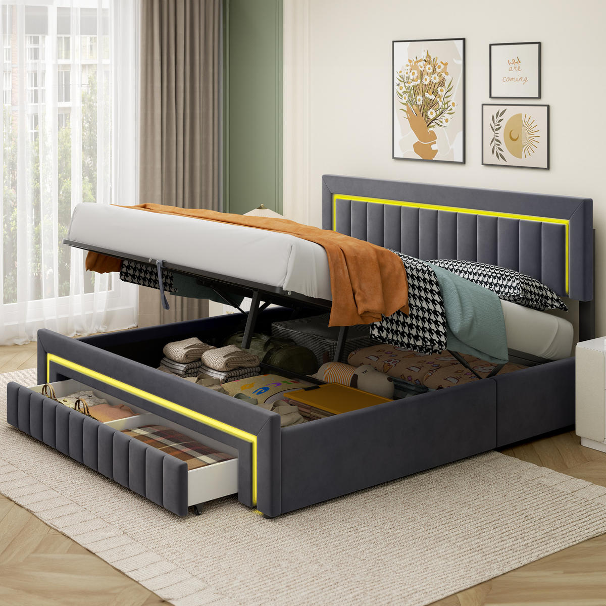 POLSTERBETT 160/200 cm in Grau, mit Bettkasten und Schubladen , mit LED, ohne Matratze - Grau, Holzwerkstoff/Textil (160/200cm) - WISHDOR