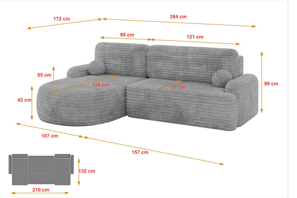 ECKSOFA mit Schlaffunktion und Bettkasten LIRA-L - 264x172x89 Hellgrau - Hellgrau, Holzwerkstoff/Textil (264/172cm) - ALTDECOR