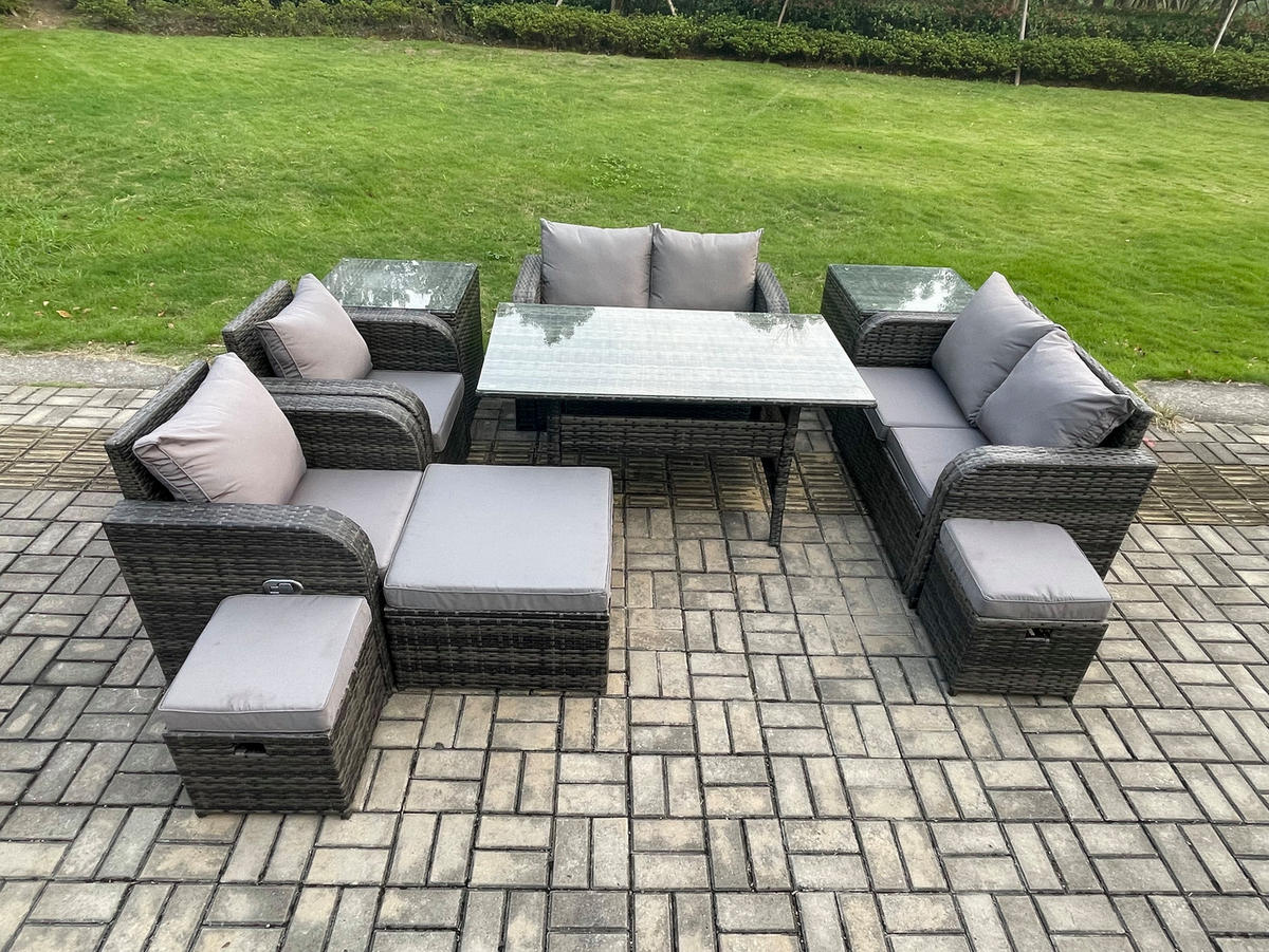 Gartenmöbelset mit Esstisch,Beistelltisch Polyrattan Dunkelgrau 9-Sitzer - Dunkelgrau/Grau, Glas/Kunststoff - Fimous