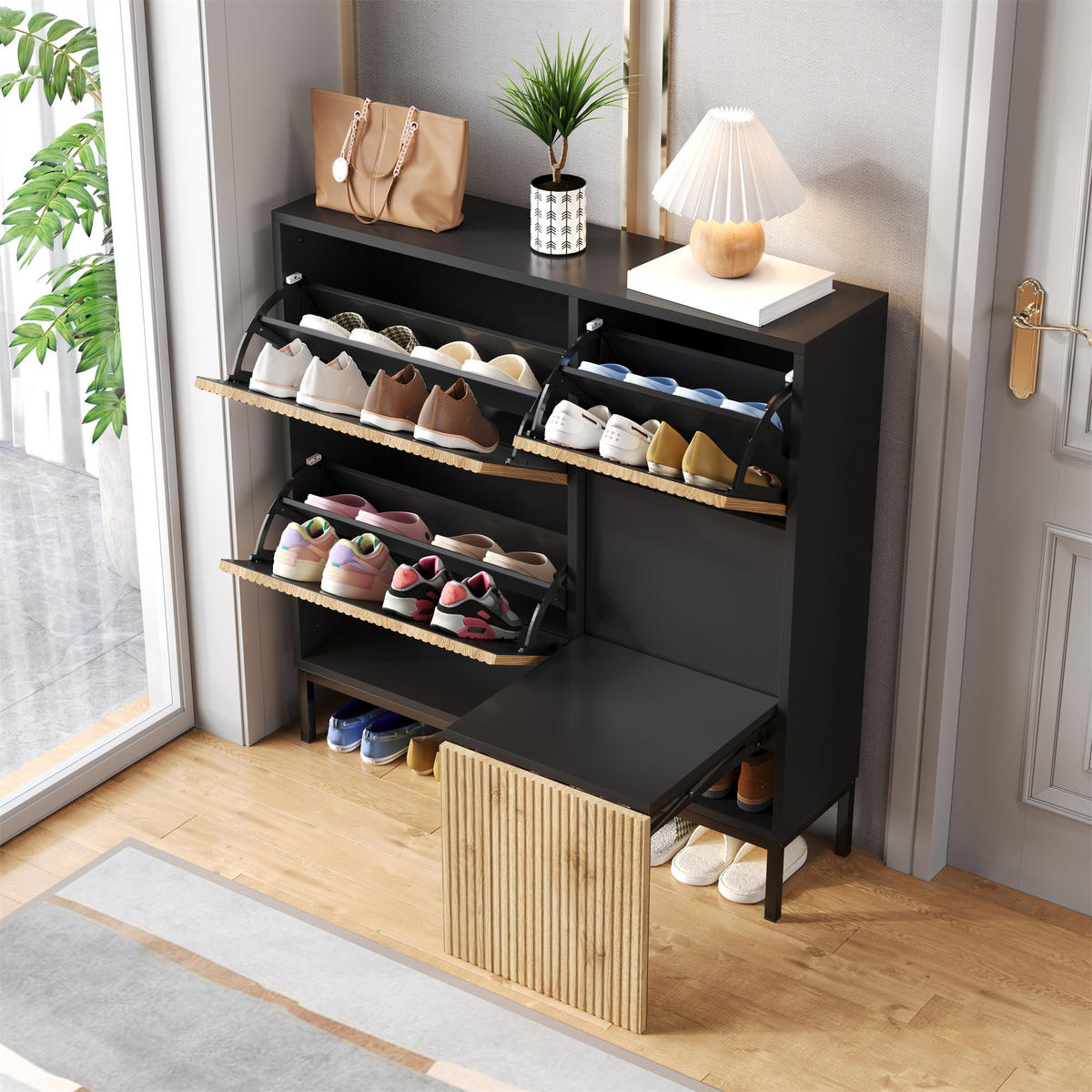 SCHUHSCHRANK 100/25/100 cm in Schwarz/Natur mit 3 Klappen und ausziehbarer Sitzbank - Schwarz, Holzwerkstoff (100/100/25cm) - Flora Grace