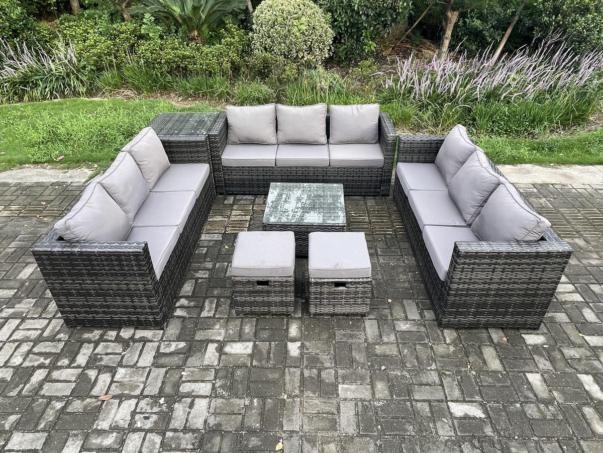 GARTENTISCHGRUPPE Polyrattan 11-Sitzer - Dunkelgrau, Metall - Fimous