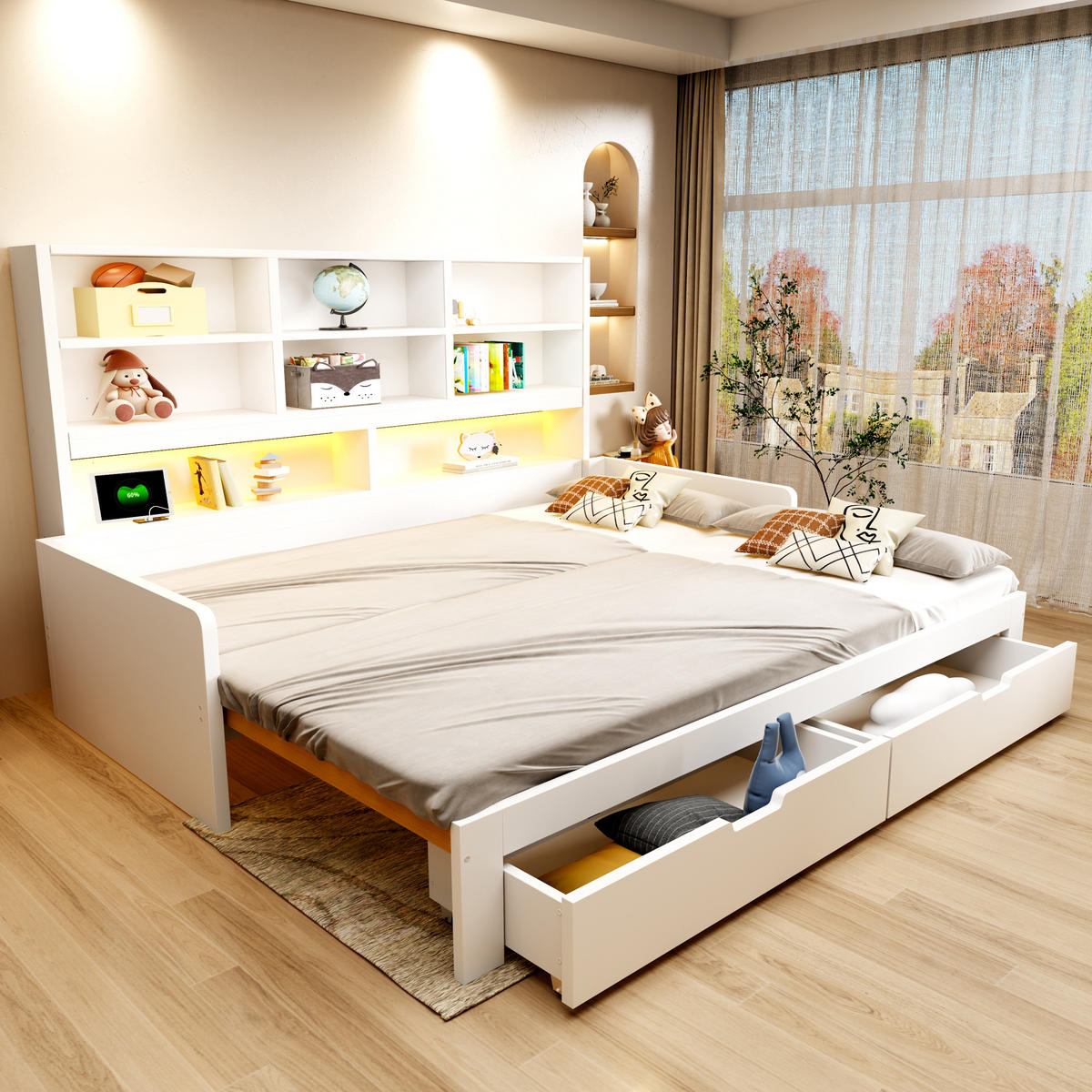 AUSZIEHBETT 90/180/200 cm mit Stauraum und LED, DE-41639, in Weiß - Weiß, Holzwerkstoff (90/200cm) - ComfortXL