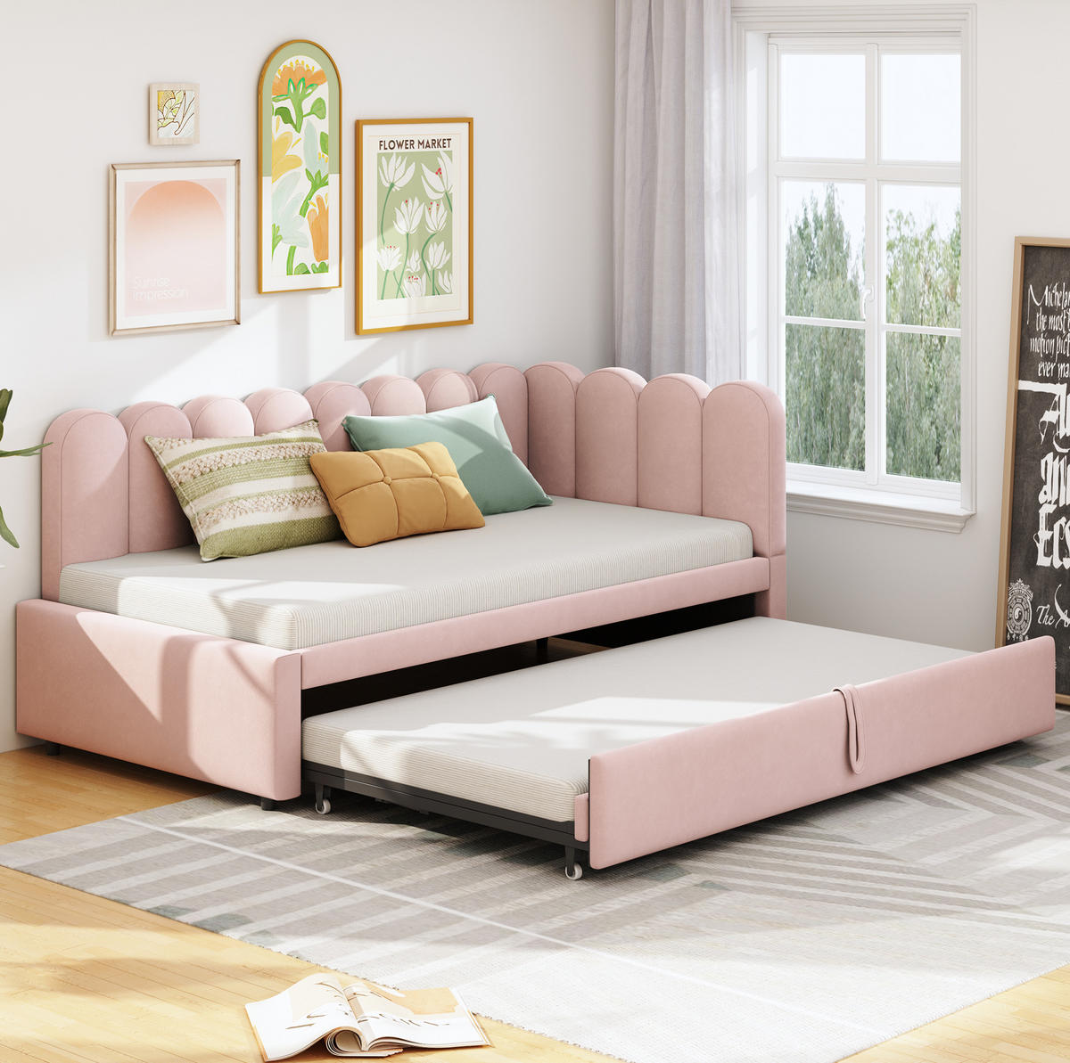POLSTERBETT 90/200 cm L-Form Rosa Samt mit ausziehbarem Kopfteil - Rosa, Textil (90/200cm) - OKWISH