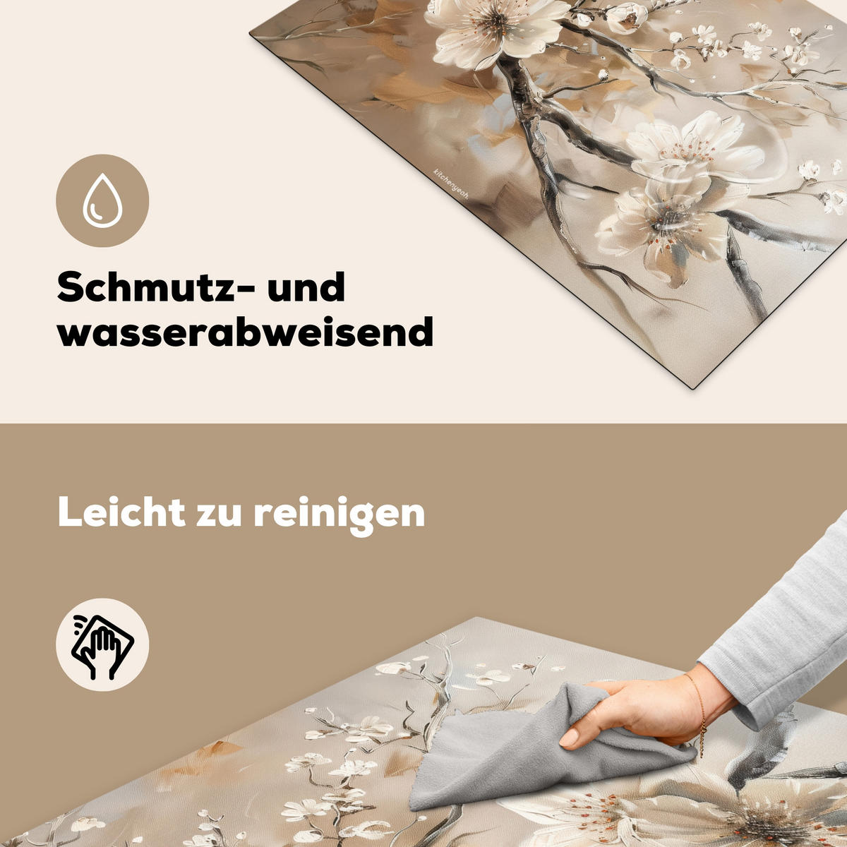 HERDABDECKPLATTE Blumen - Abstrakt - Gemalt - Beige 77x51 cm - Beige, Kunststoff (77/51/0.2cm) - MuchoWow