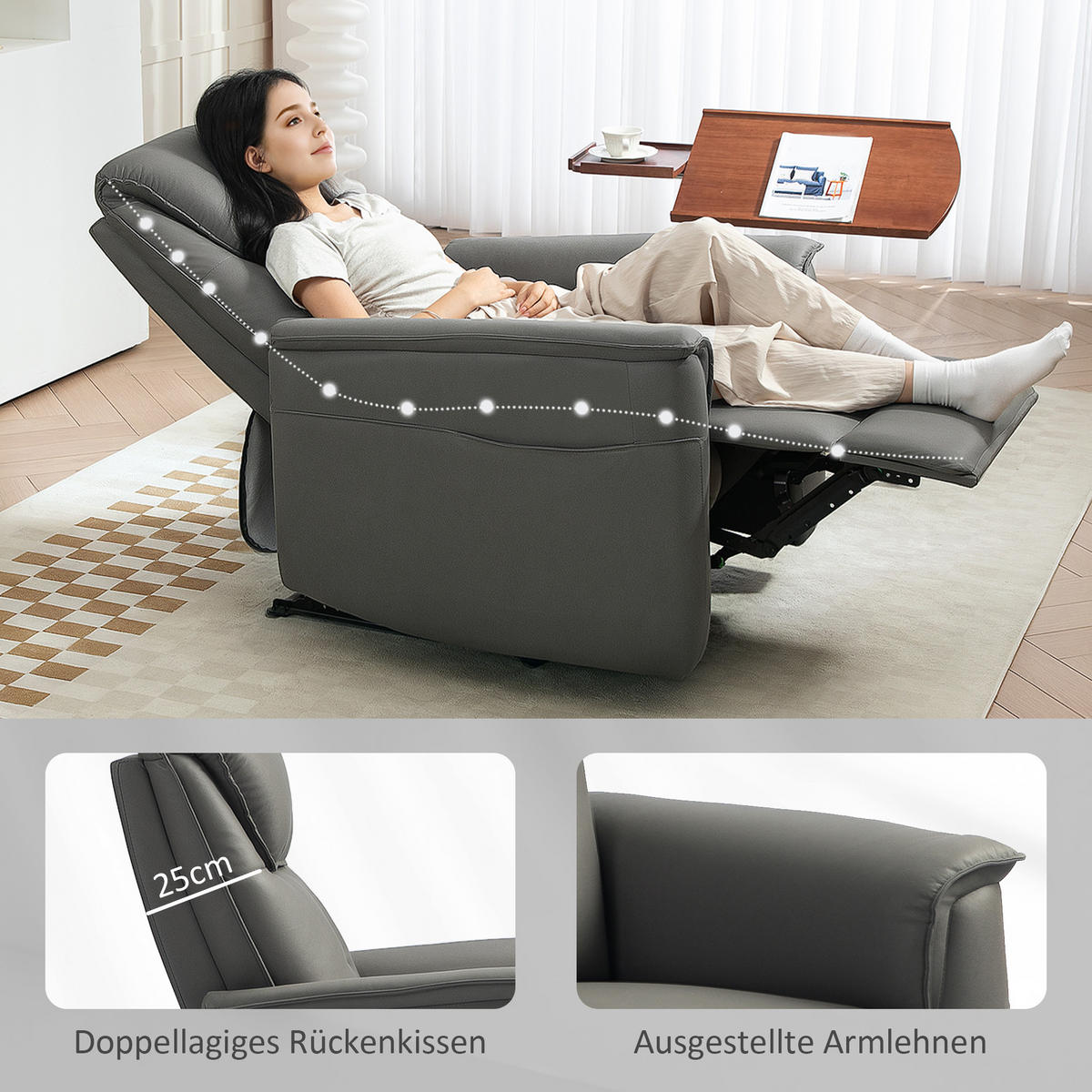 RELAXSESSEL mit Liegefunktion, Hellgrau - Hellgrau, Textil (84/105/89cm) - HOMCOM