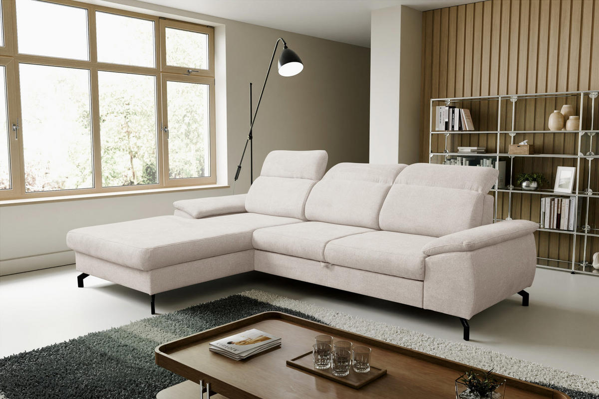 ECKSOFA MALIBU mit Schlaffunktion und Bettkasten, Farbe: Beige, Velourstoff, Ottomane Links - Beige, Textil (276/184cm) - VENASI MÖBEL