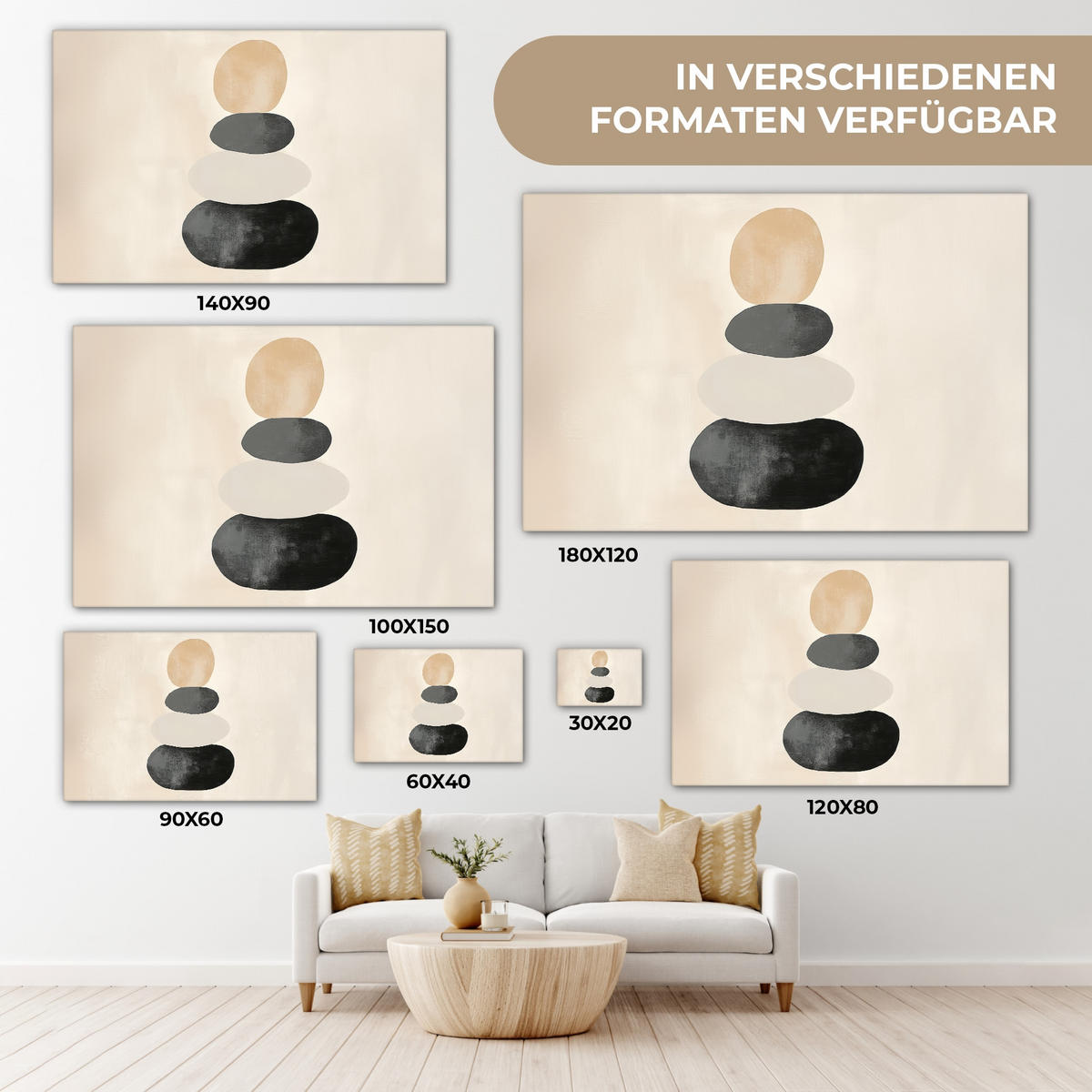 LEINWANDBILD Japandi - Wabi sabi - Beige Wohnzimmer 120x80 cm - Taupe, Textil (120/80cm) - MuchoWow