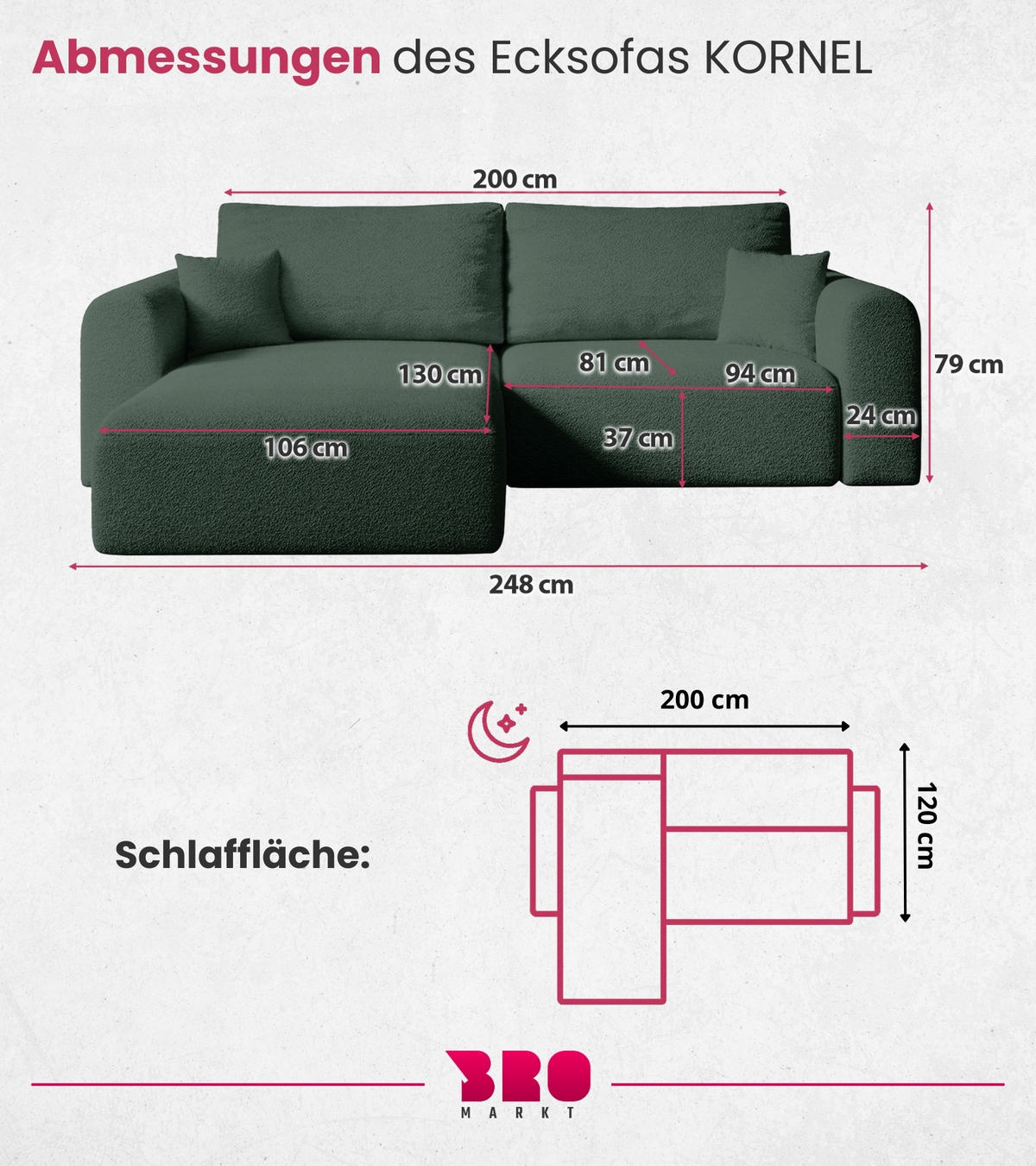 ECKSOFA Kornel mit Schlaffunktion Grün Boucle - Grün, Textil (248/165cm) - Bromarkt