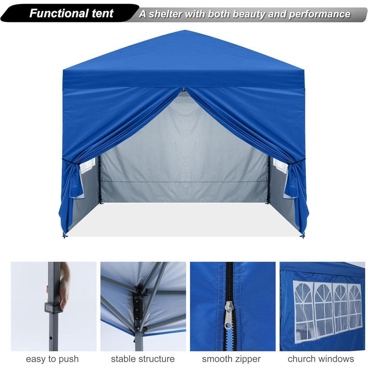 PAVILLON 2.5x2.5M wasserdicht Pop-Up Sonnenschutz mit Rolltragetasche Weiß - Blau, Textil (243.8/297.2/243.8cm)