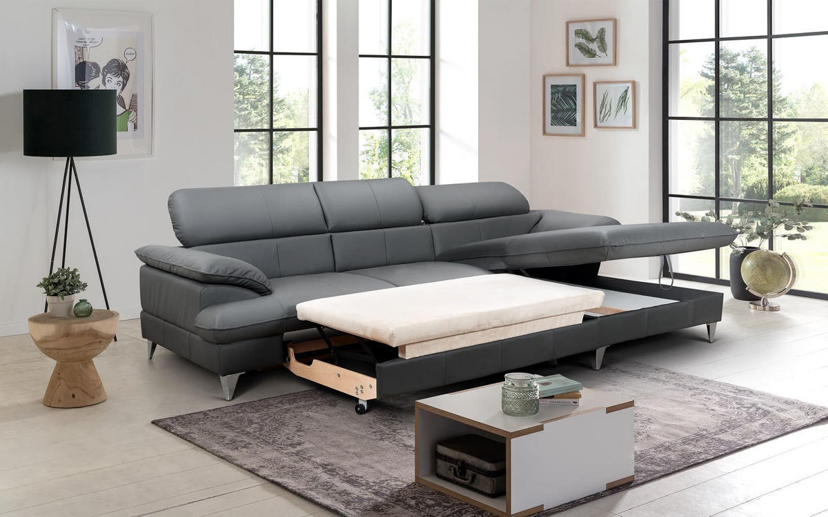ECKSOFA mit Schlaffunktion und Bettkasten, Echtleder - Chromfarben/Anthrazit, Leder/Holz (167/254cm) - Cotta