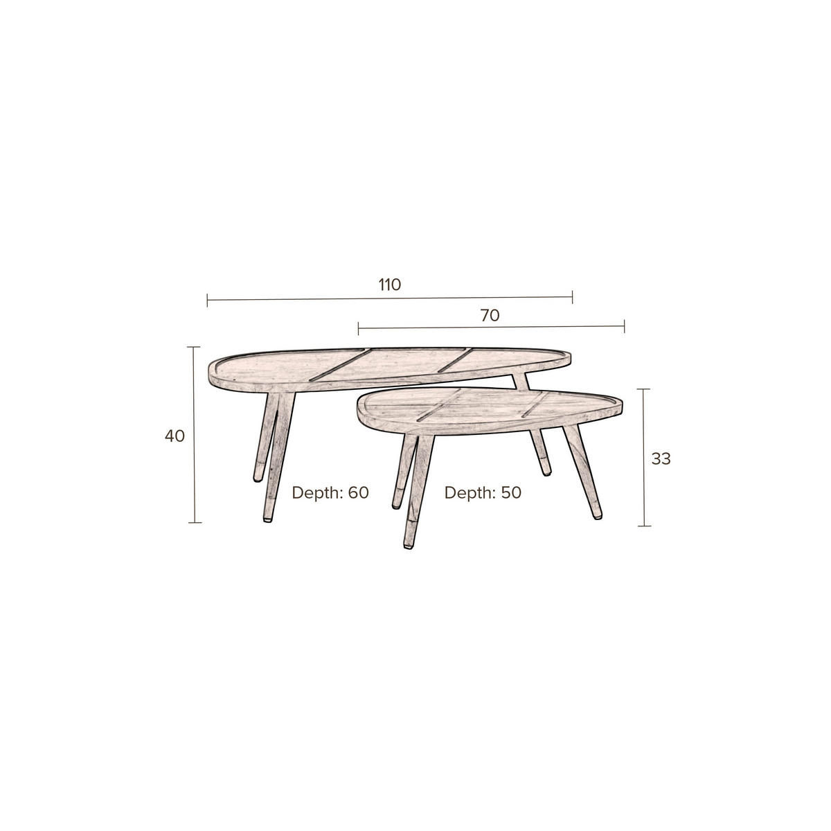 COUCHTISCH Sham Organische Form 2er-Set - Braun, Holz (110/60/40cm) - Dutchbone