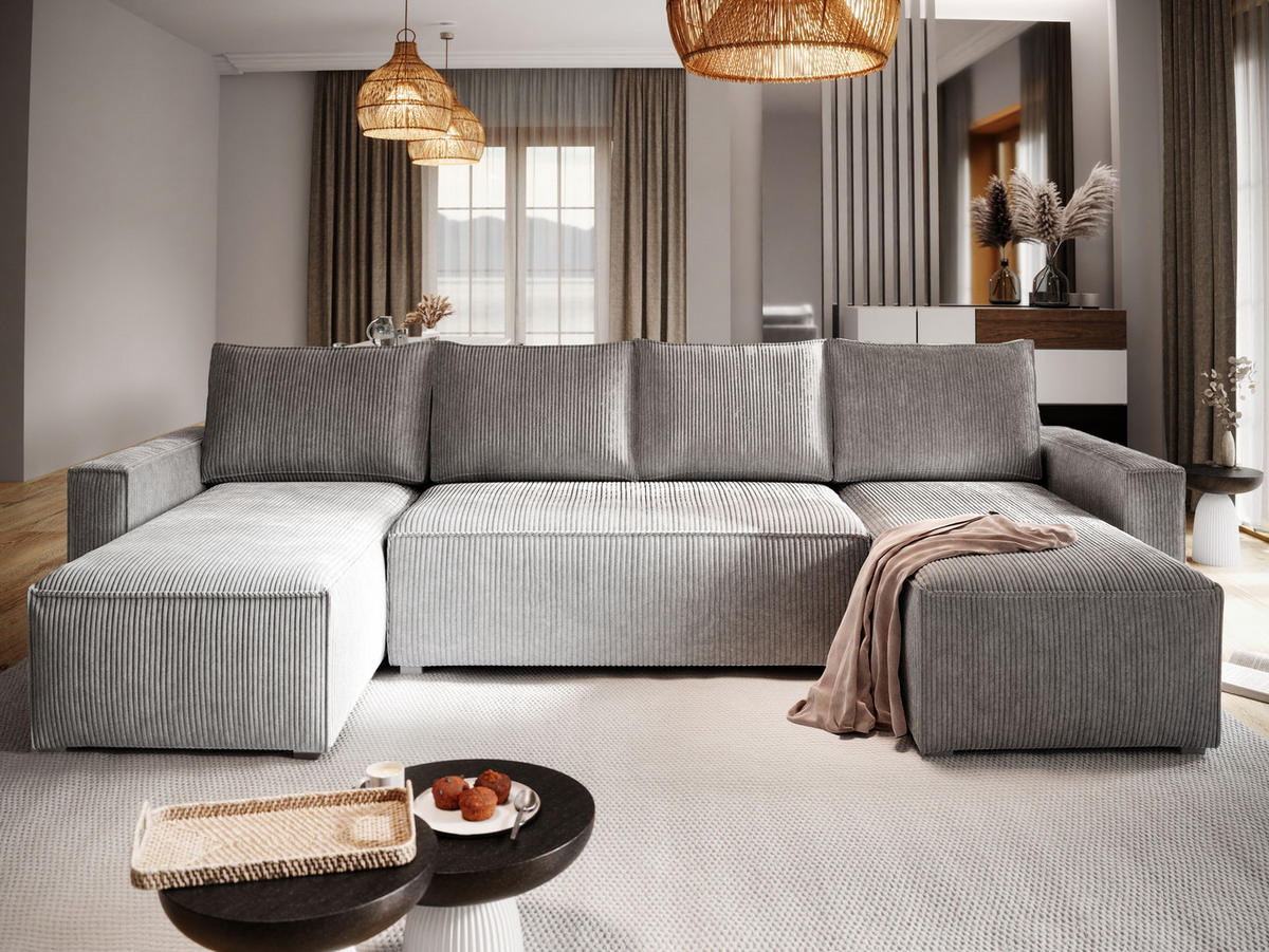 WOHNLANDSCHAFT ASPRA Hellgrau Kordstoff mit Schlaffunktion - Hellgrau, Holz (295/85/140cm) - MASSENO