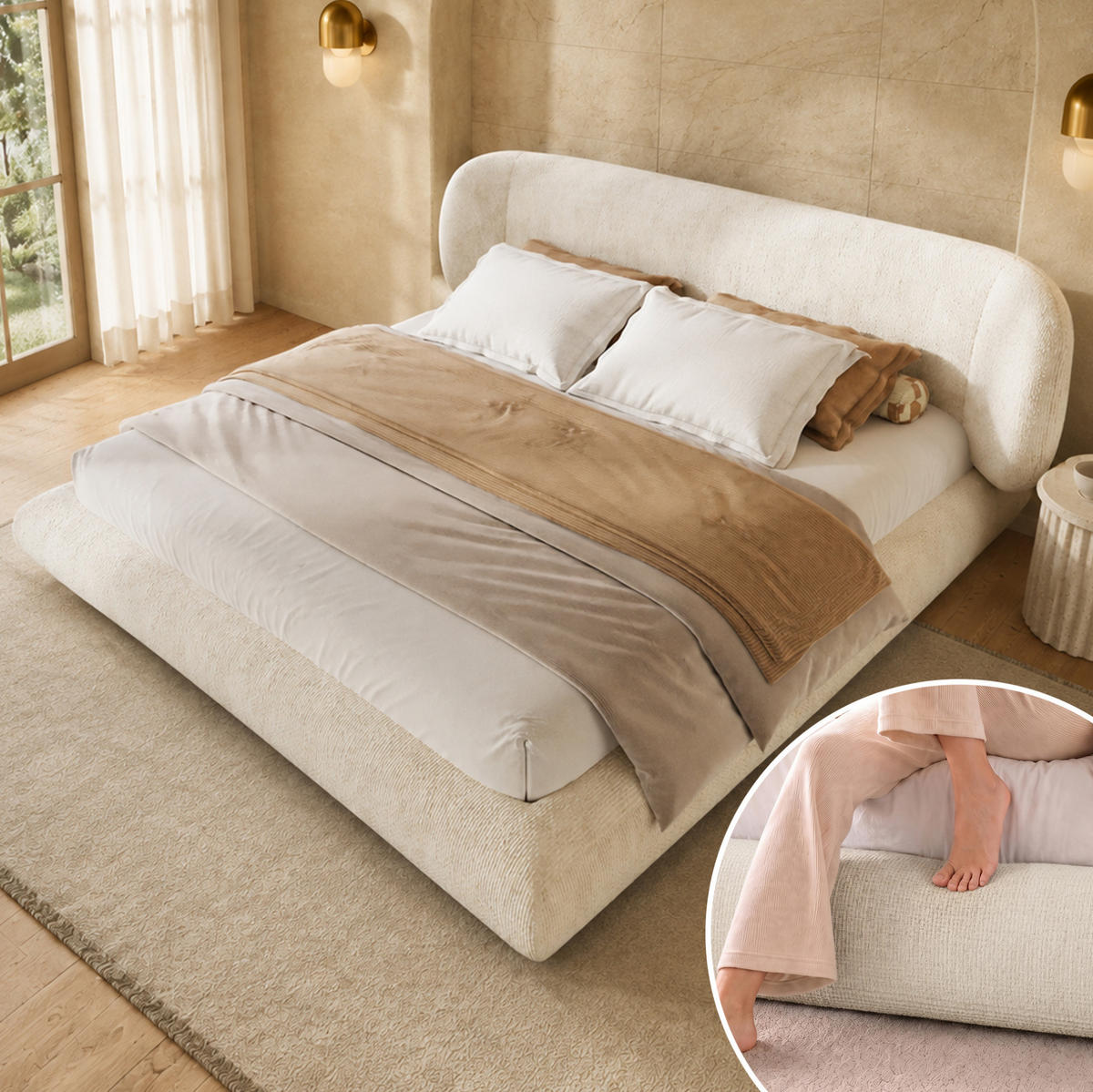 POLSTERBETT aus Chenille 160x200 cm Beige mit Lattenrost und gepolstertem Kopfteil - Beige, Textil (160/200cm) - Modfu