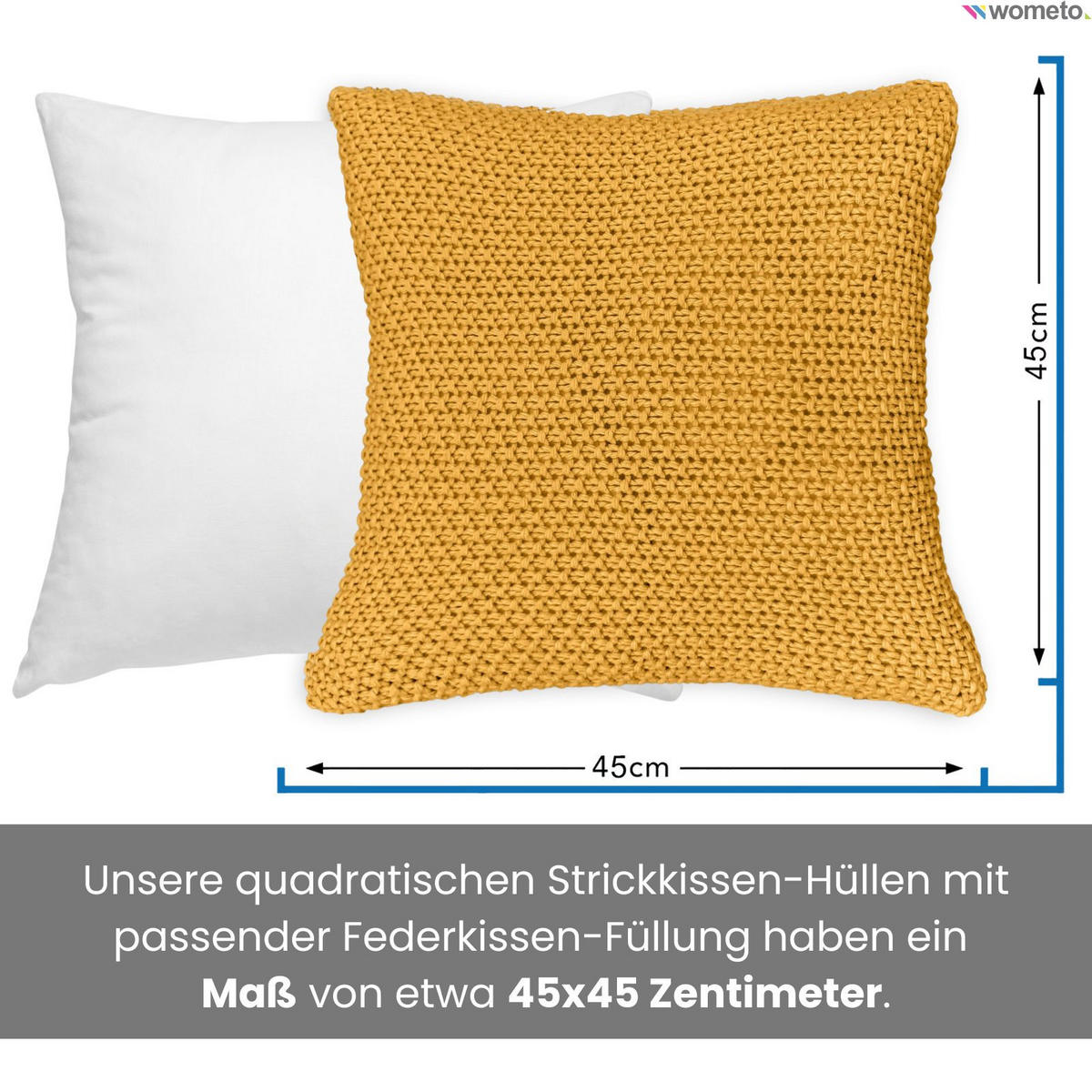 KISSENHÜLLE Strick gelb 45/45 cm mit Reißverschluss inkl. 100% Federkissen - Gelb, Textil (45/45cm) - wometo