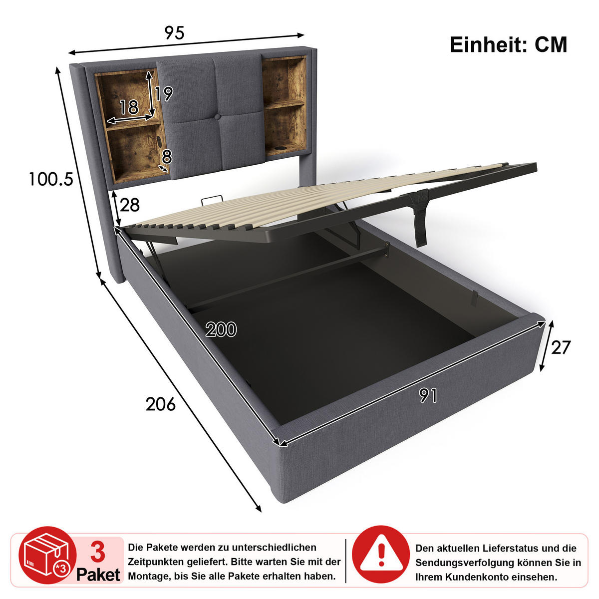 ČALOUNĚNÁ POSTEL 90 × 200 cm v šedé látce s úložným prostorem, bezdrátovým nabíjením, USB a USB-C - šedá, kov/kompozitní dřevo (90/200cm) - WISHDOR