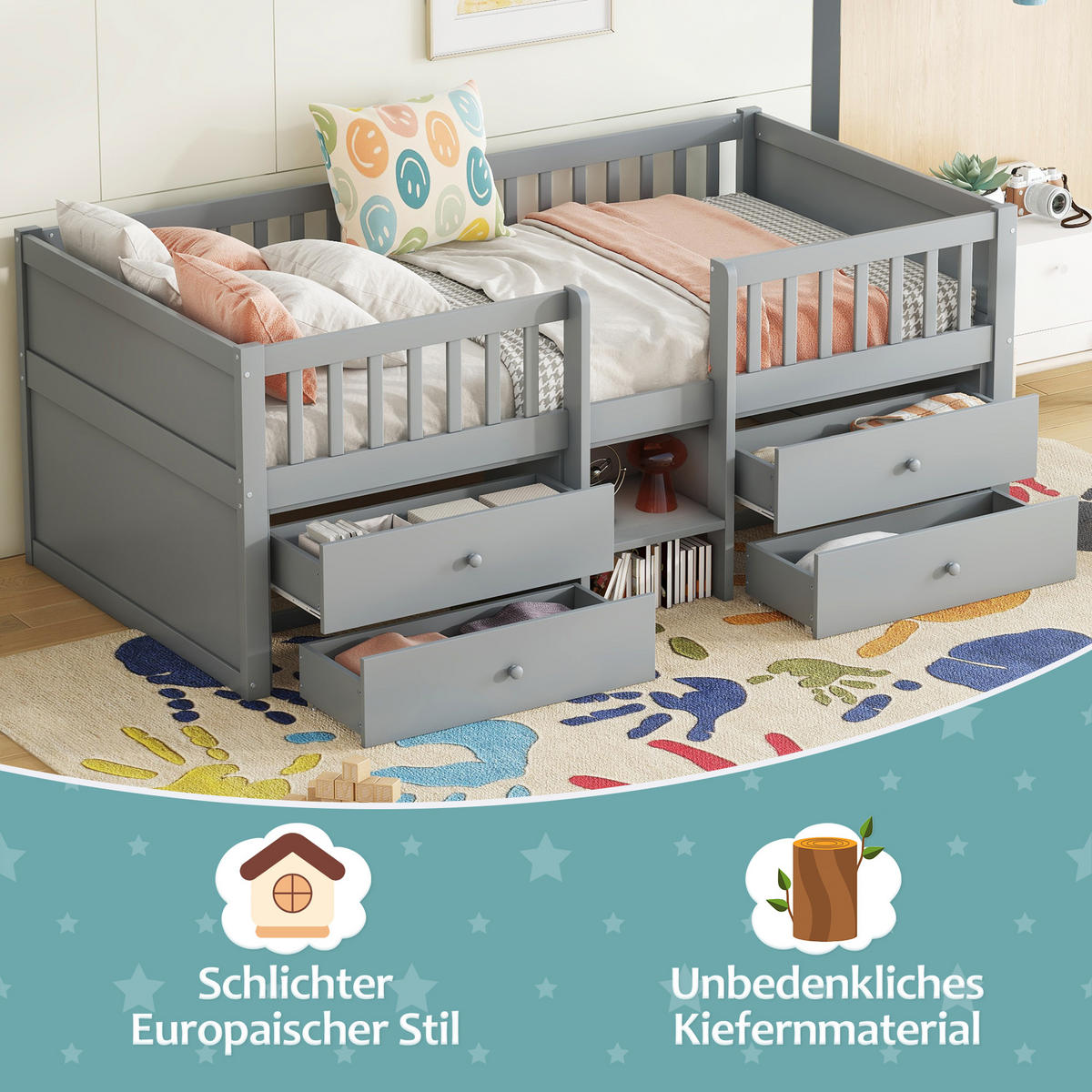 HOCHBETT 90/200 cm grau mit 4 Schubladen und Sicherheitsgeländer - Grau, Holz (90/200cm) - OKWISH