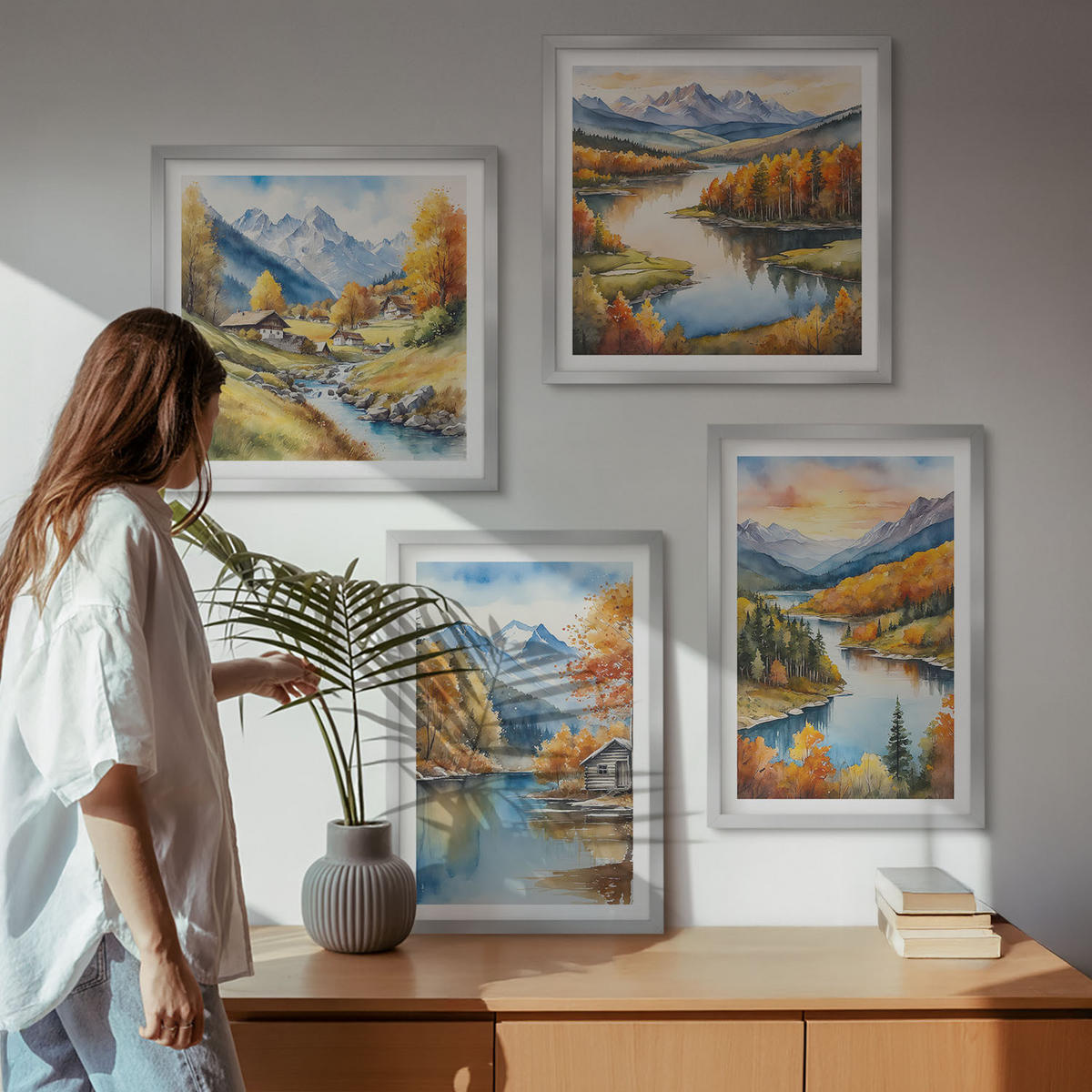 WANDBILDER 4er Set - 50x50 cm & 40x60 cm Silberner Rahmen - Herbstliche Berge, Flusshütte - Silberfarben, Kunststoff (50/50cm) - ArtPrintCave