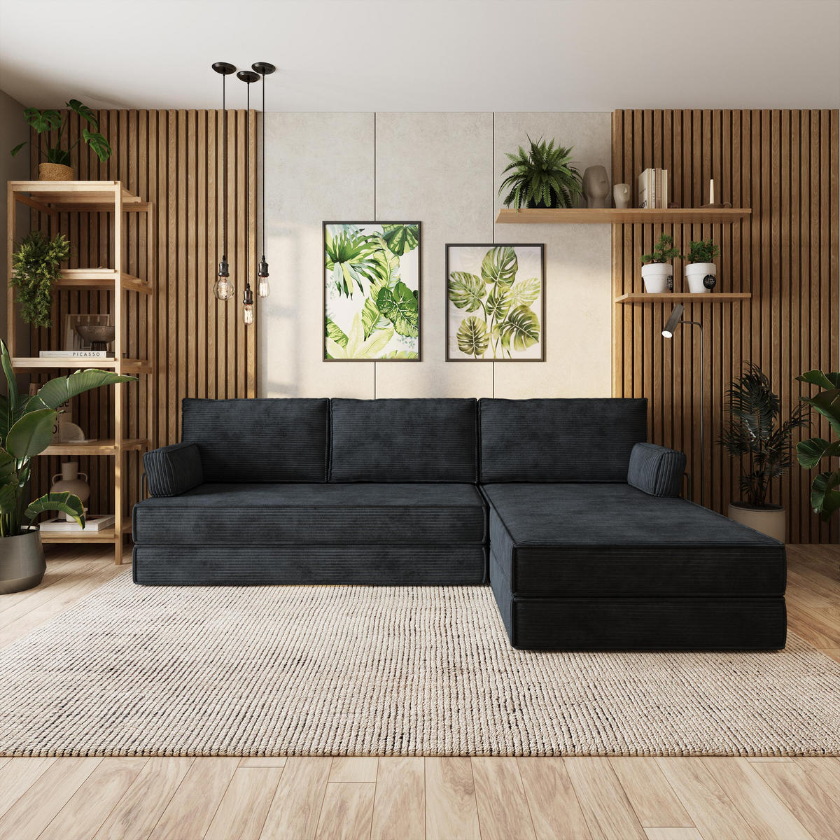 ECKSOFA ANKO modulares Boneless Sofa mit Schlaffunktion Schwarz Kordstoff - Schwarz, Textil (270/160cm) - MASSENO