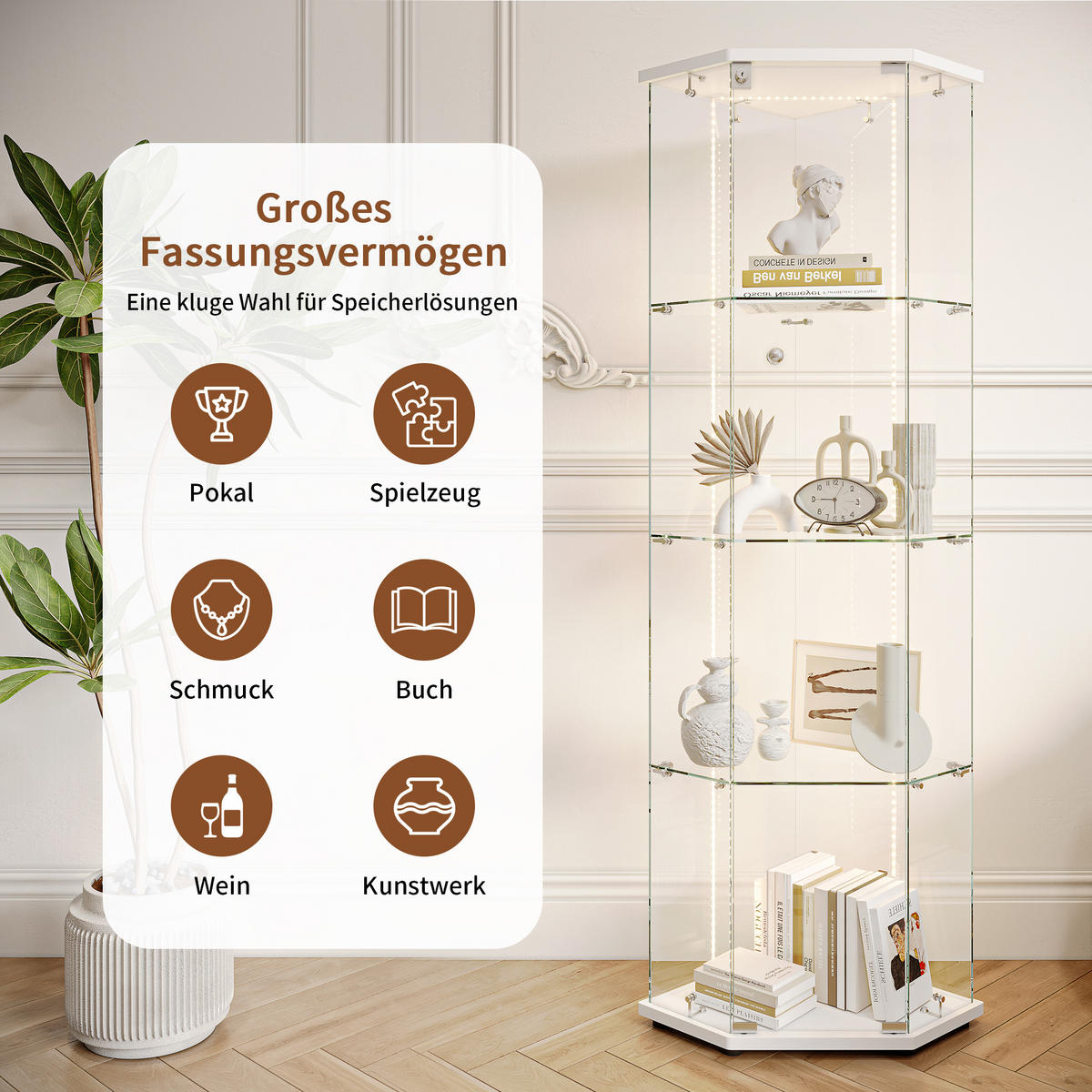 GLASVITRINE freistehend LED 1 Tür Schloss Glas weiß - Weiß, Holz (60/162/40cm) - LEBENLANG