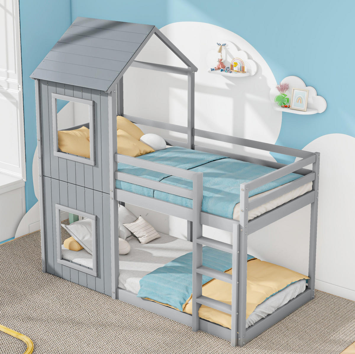 ETAGENBETT aus Kiefer und MDF 90x200 cm Grau mit Sicherheitsgeländer - Grau, Holz (90/200cm) - IVMEU