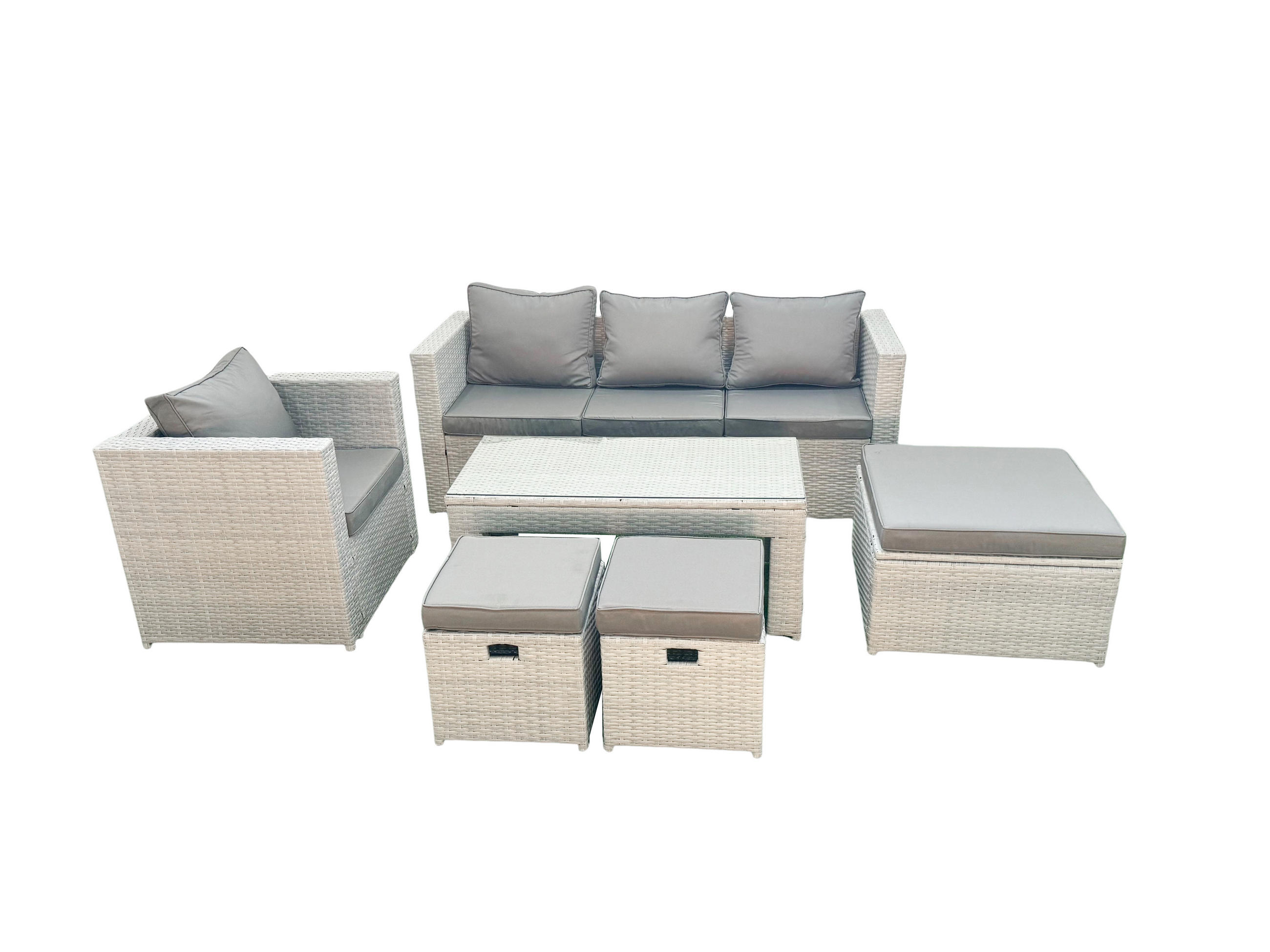 GARTENSET mit 3-SITZER SOFA,COUCHTISCH Polyrattan Hellgrau-Mix 7-Sitzer - Hellgrau/Grau, Glas/Kunststoff - Fimous