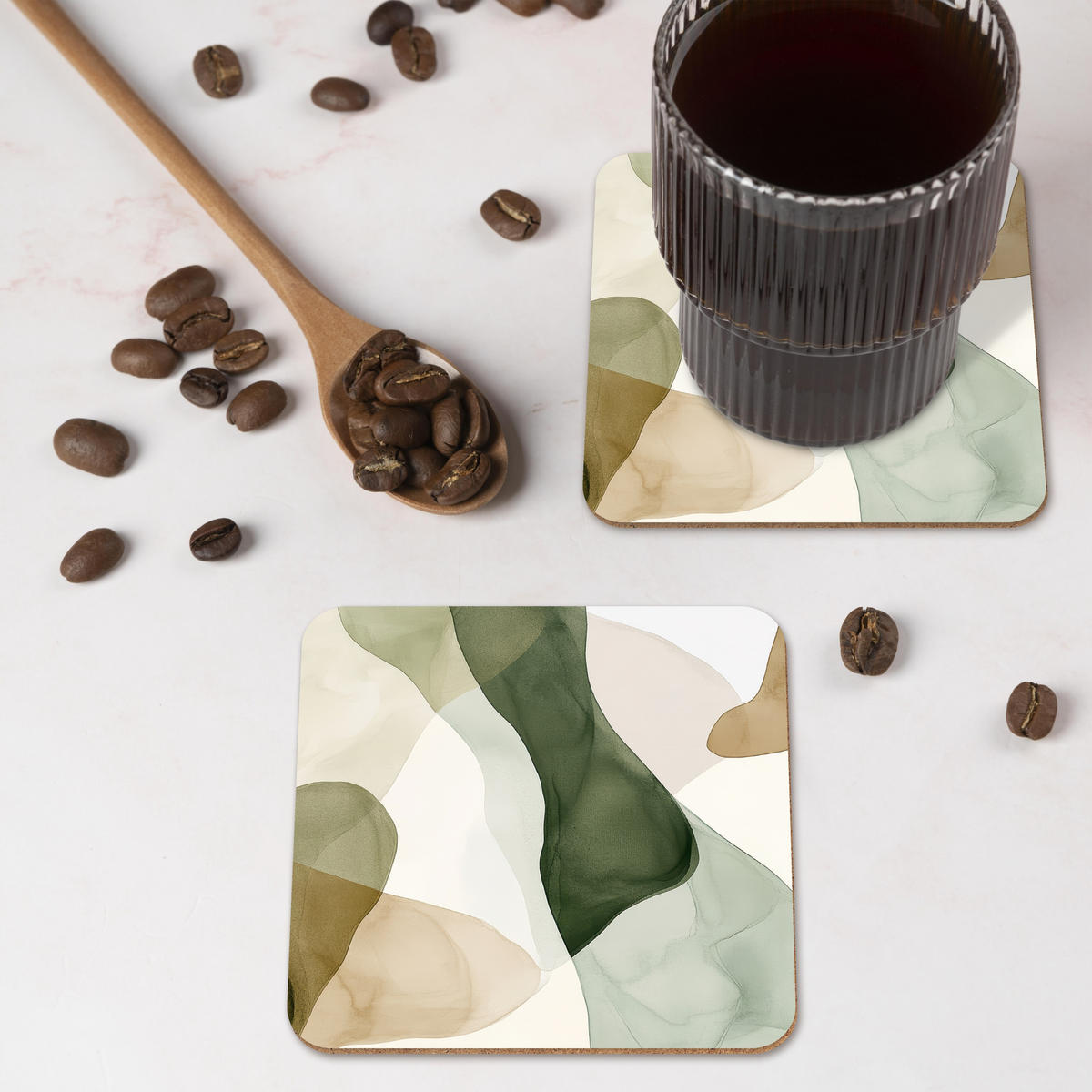 GLASUNTERSETZER 6er-Set Japandi - Abstrakt - Grün 10x10 cm - Dunkelgrün, Naturmaterialien (10/0.2cm) - MuchoWow