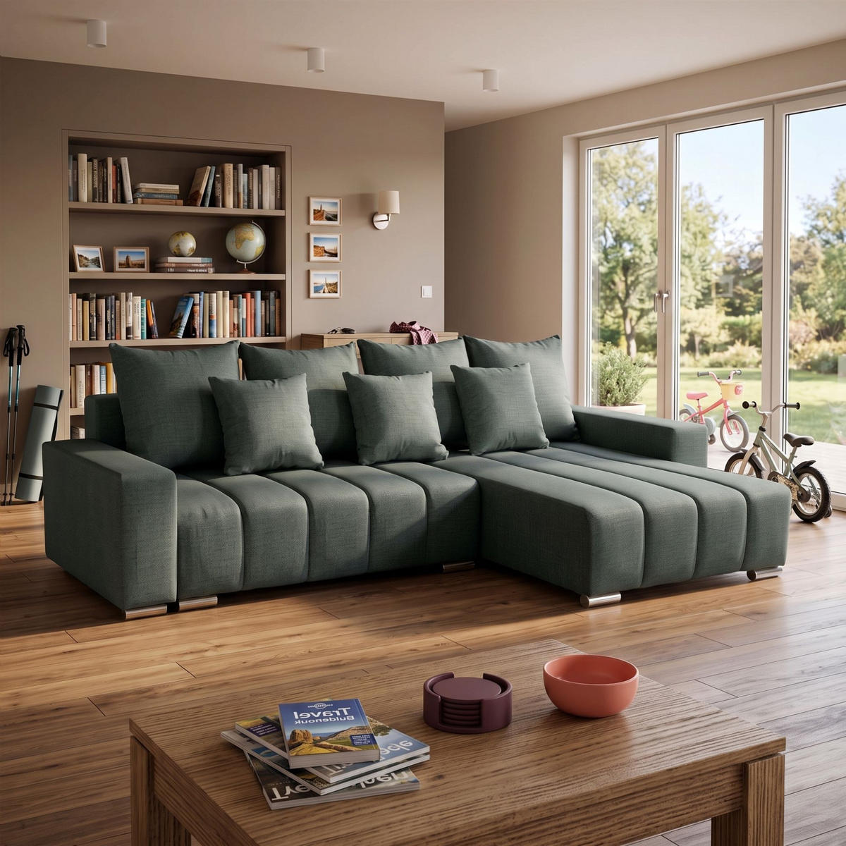 ECKSOFA Piano L Rechts mit Schlaffunktion 137x234 Velours Grün - Silberfarben/Grün, Holz/Textil (178/278cm) - Muffo